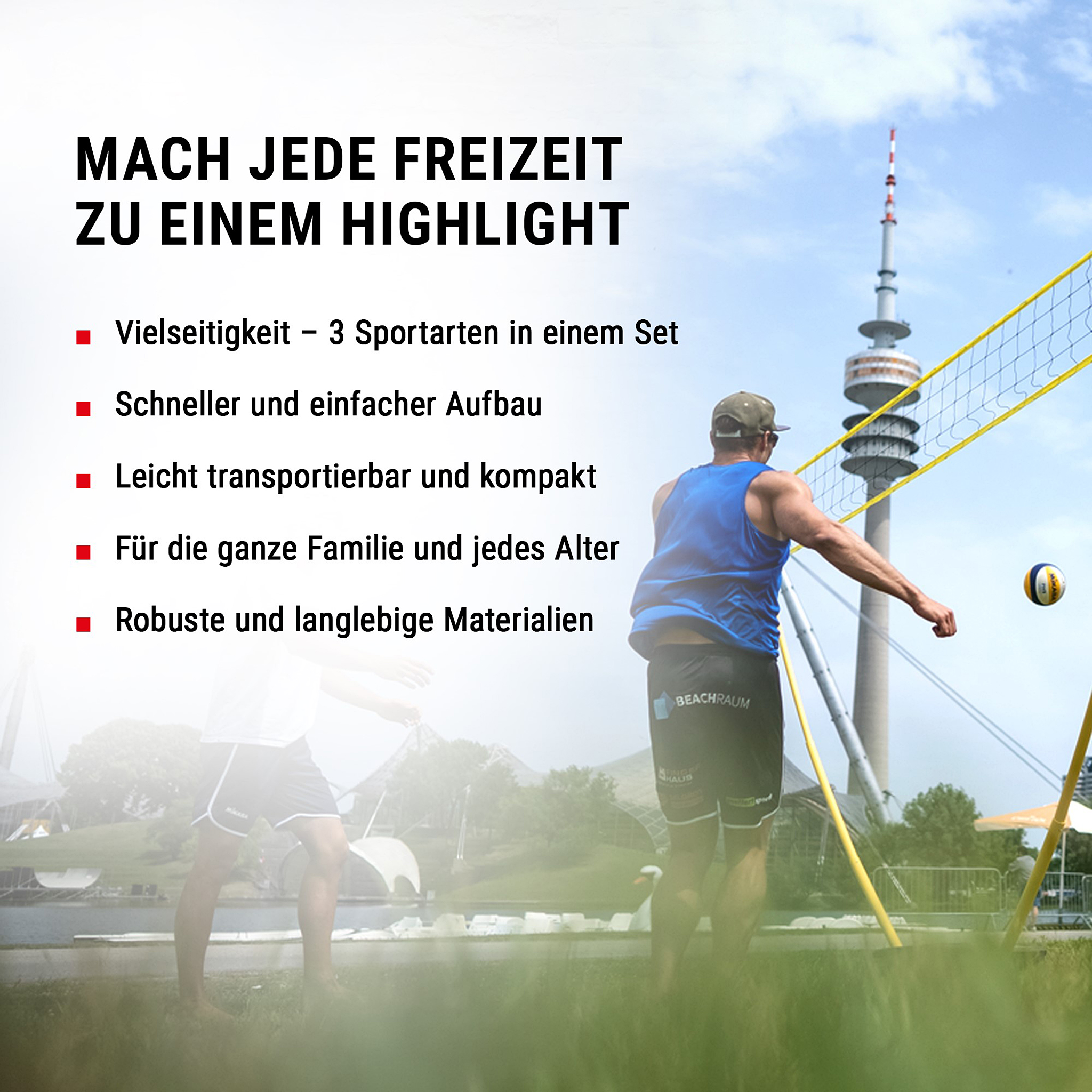 Mann spielt Volleyball im Freien mit einem Turm im Hintergrund, Text links.
