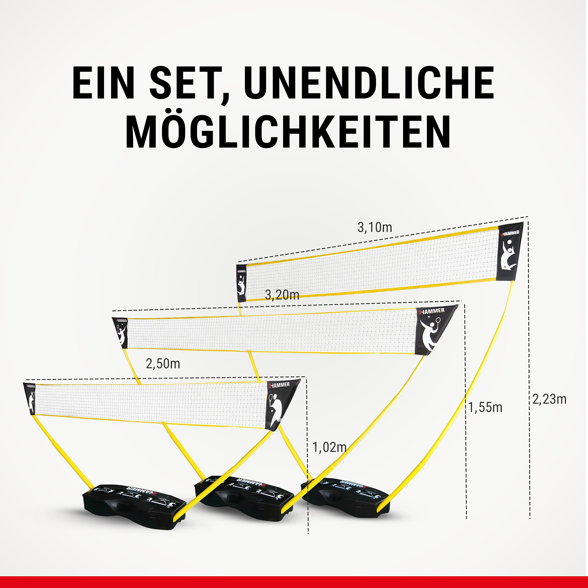 Ein gelbes, verstellbares Multifunktions-Sportnetz mit Maßen in drei verschiedenen Höhen und Breiten.