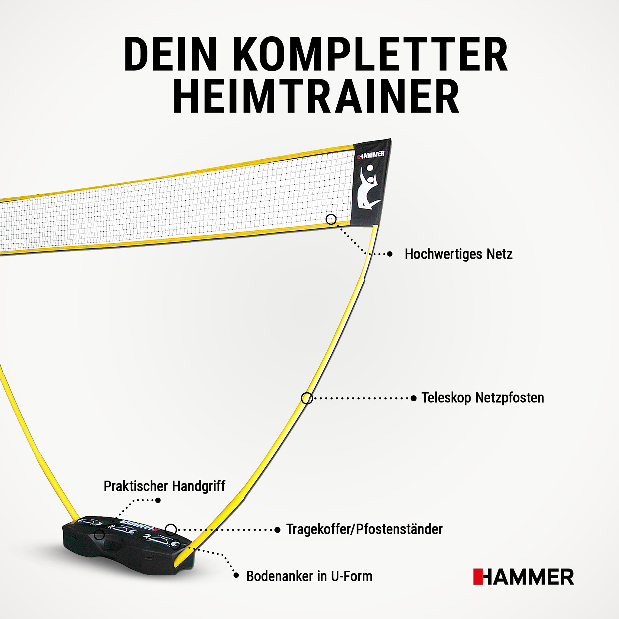 Ein gelb-schwarzes Badmintonnetz mit Beschriftungen auf weißem Hintergrund und dem Hammer Logo.