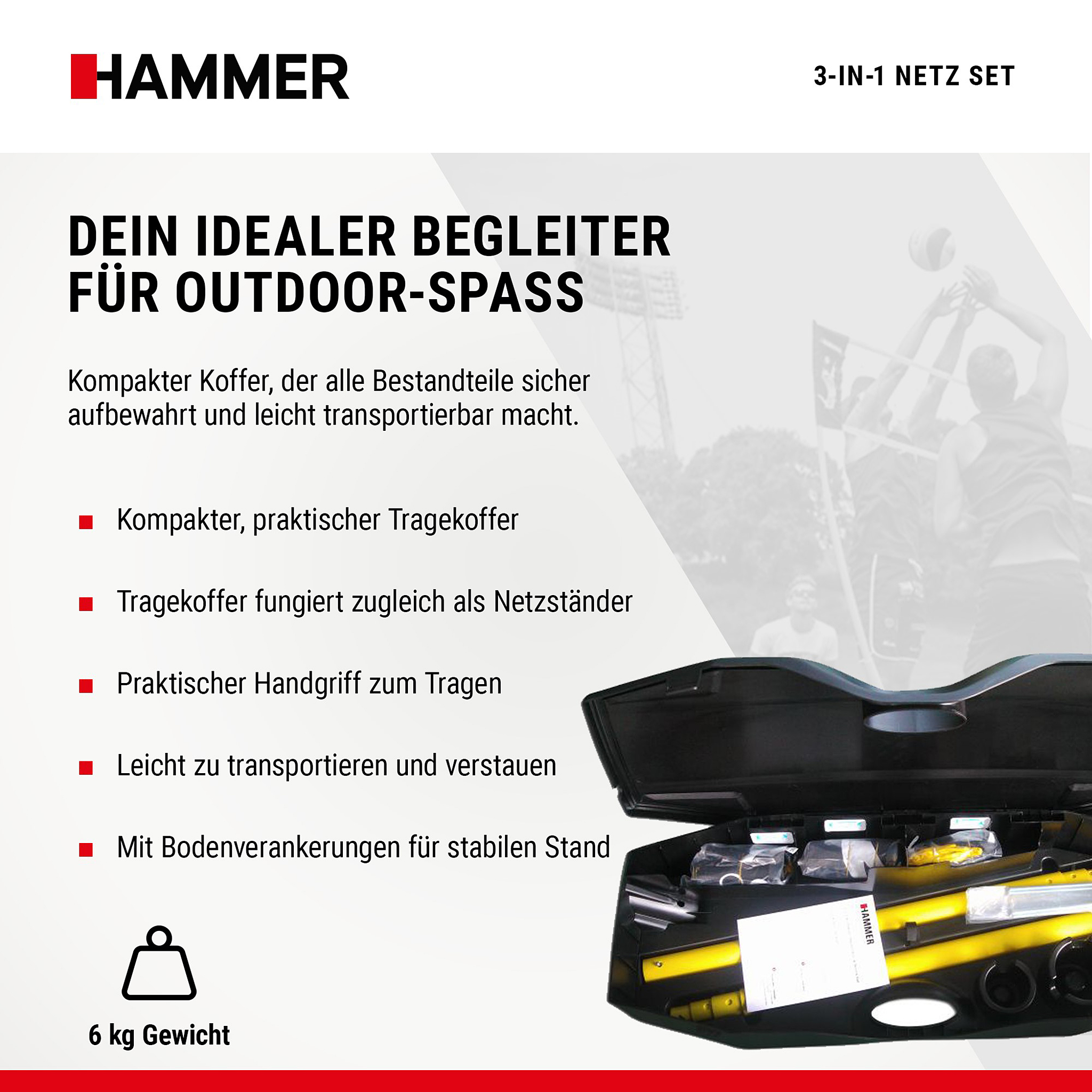 Werbebild für HAMMER 3-in-1 Netz Set mit Koffer, Produktfeatures und 6 kg Gewicht.