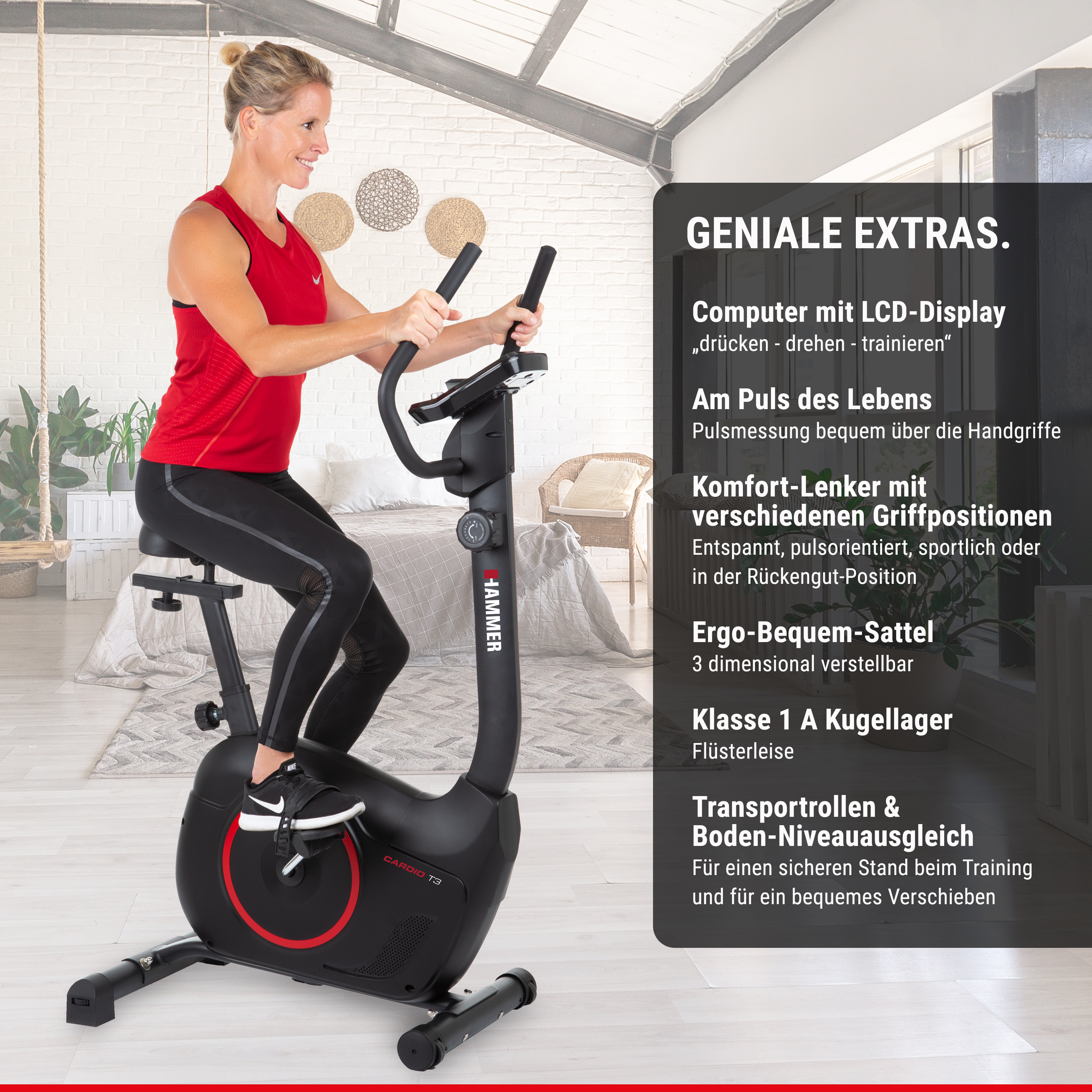 Frau in rotem Top trainiert auf schwarzem Ergometer im hellen Zimmer.