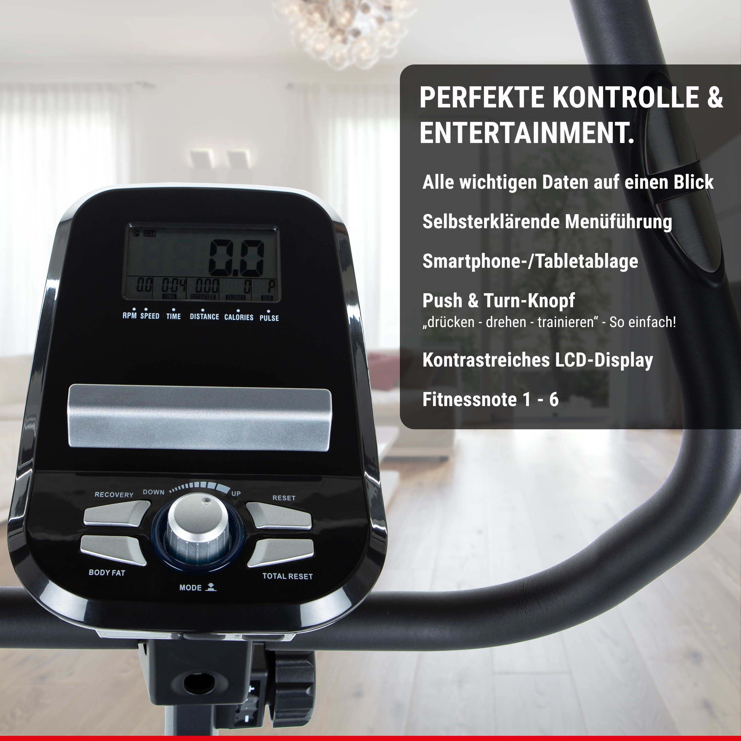 Heimtrainer-Computer mit LCD-Display, Steuerrad und Werbetext auf dunklem Hintergrund.