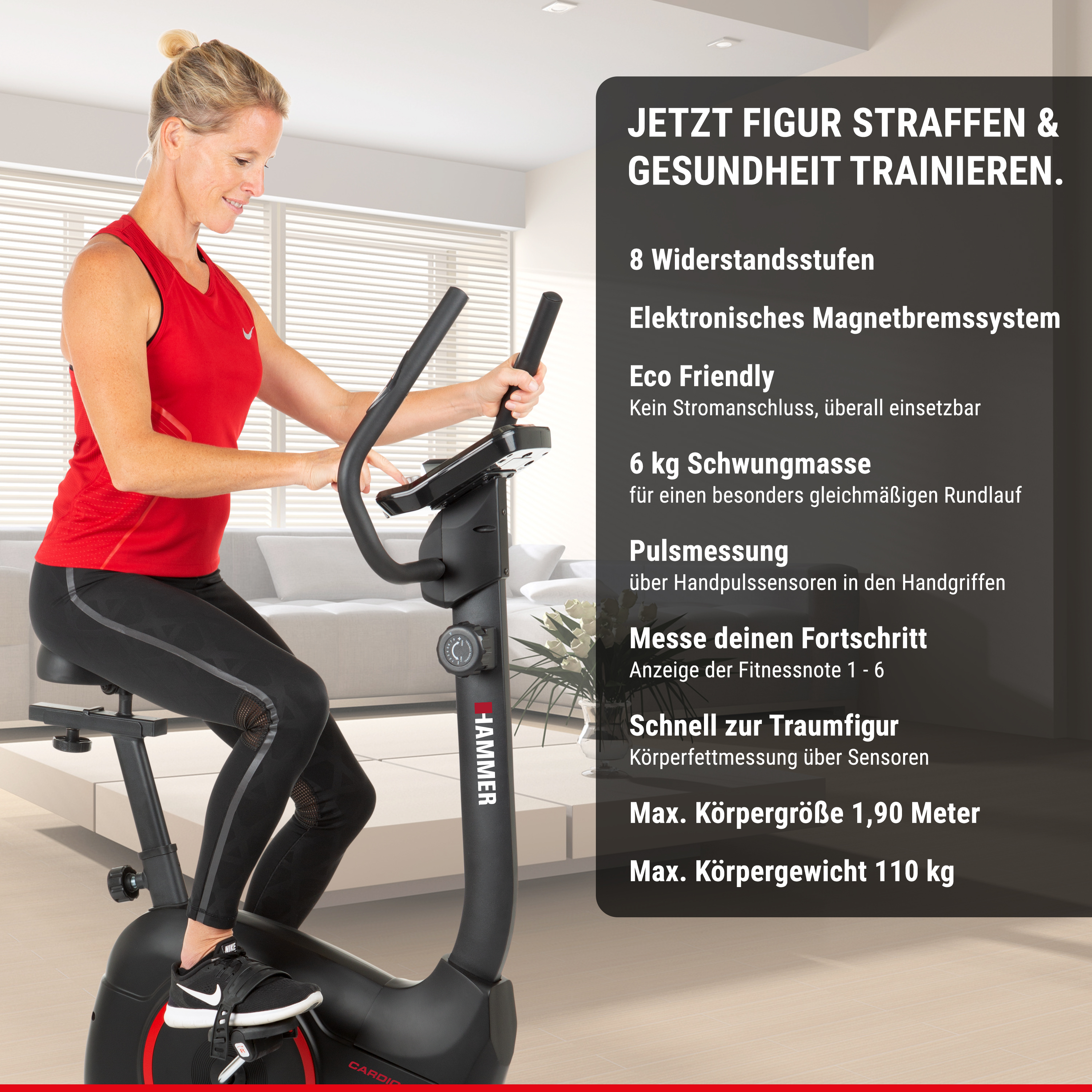 Frau trainiert auf Heimtrainer vor Texttafel mit Produkteigenschaften.