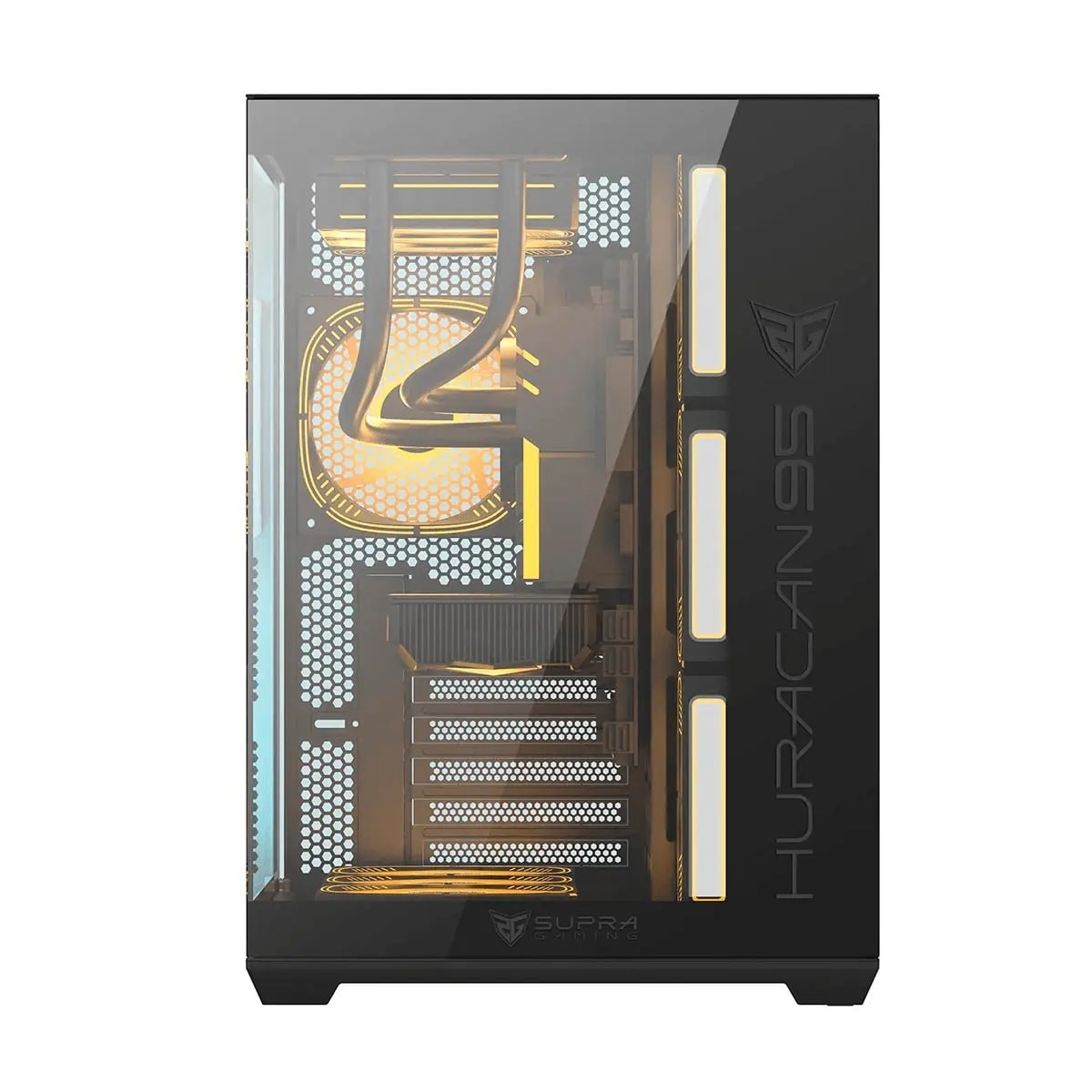 Una caja de PC negra Huracan 95 con componentes internos amarillos brillantes y panel frontal de vidrio.