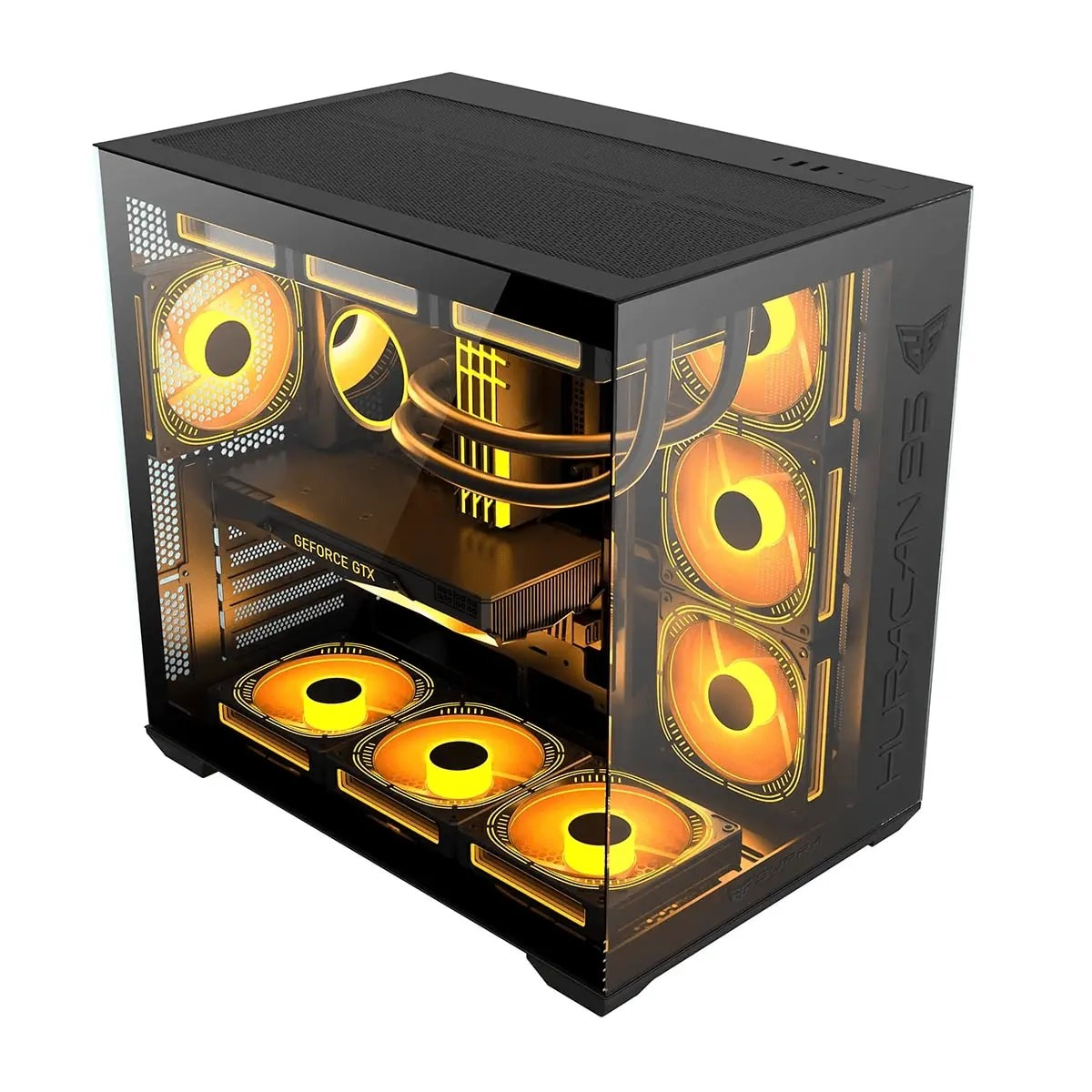 Torre de PC para juegos negra con panel lateral transparente y ventiladores amarillos brillantes en el interior.