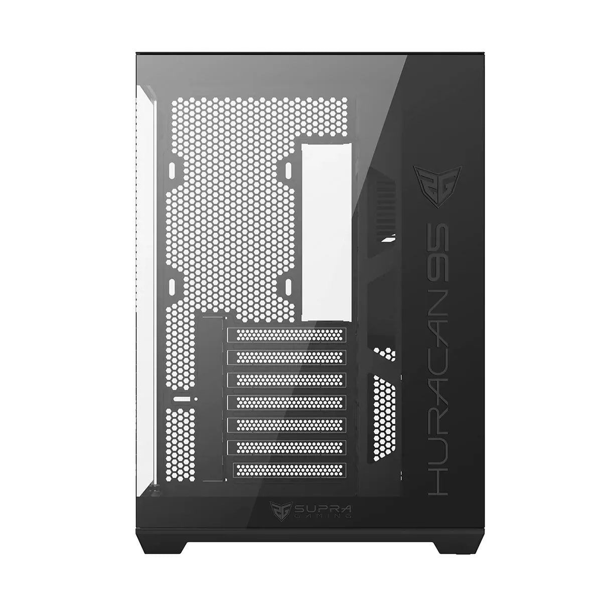Una torre de PC negra con panel lateral transparente y rejilla de ventilación trasera.