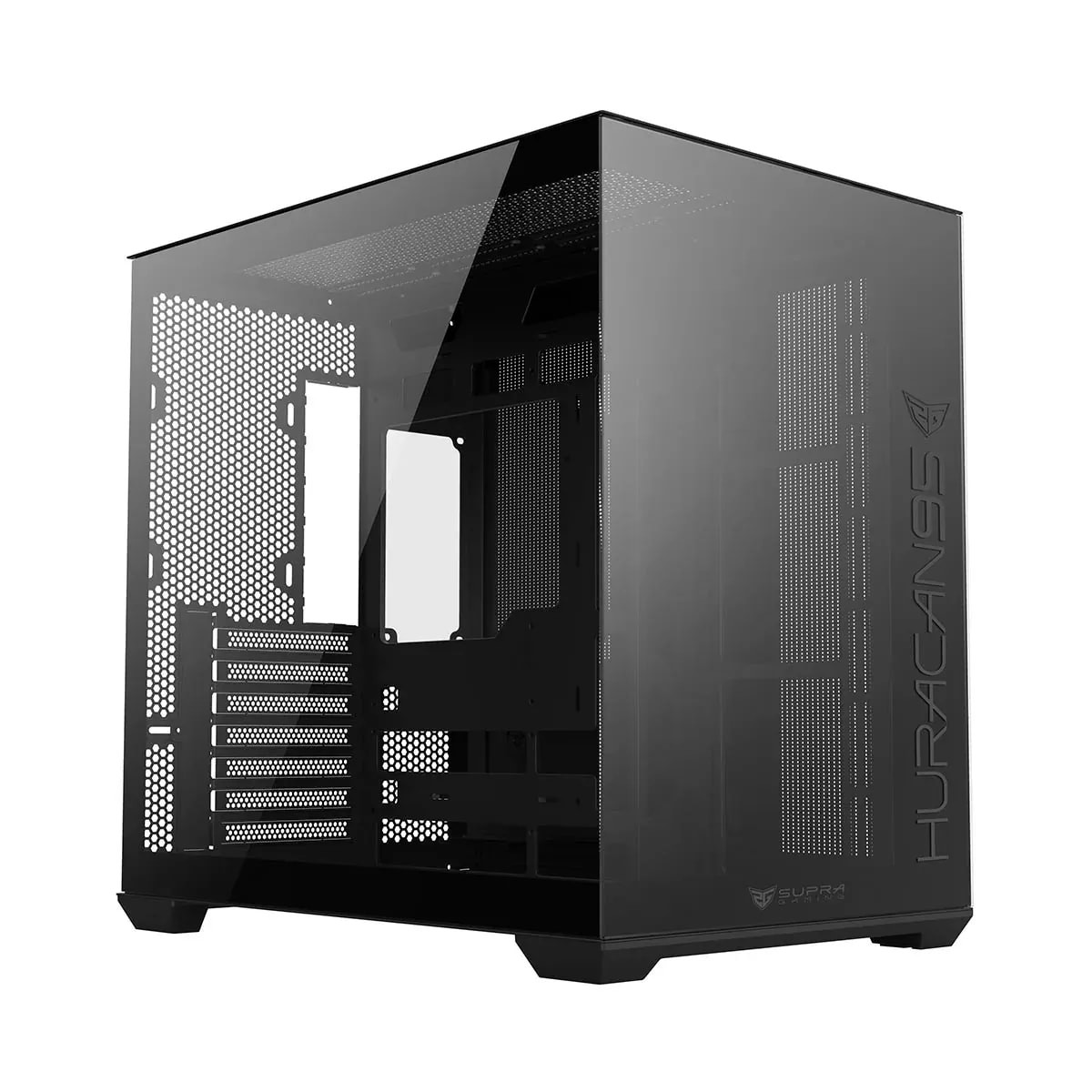 Una torre de PC negra vacía con frente y panel lateral de cristal sobre fondo blanco.
