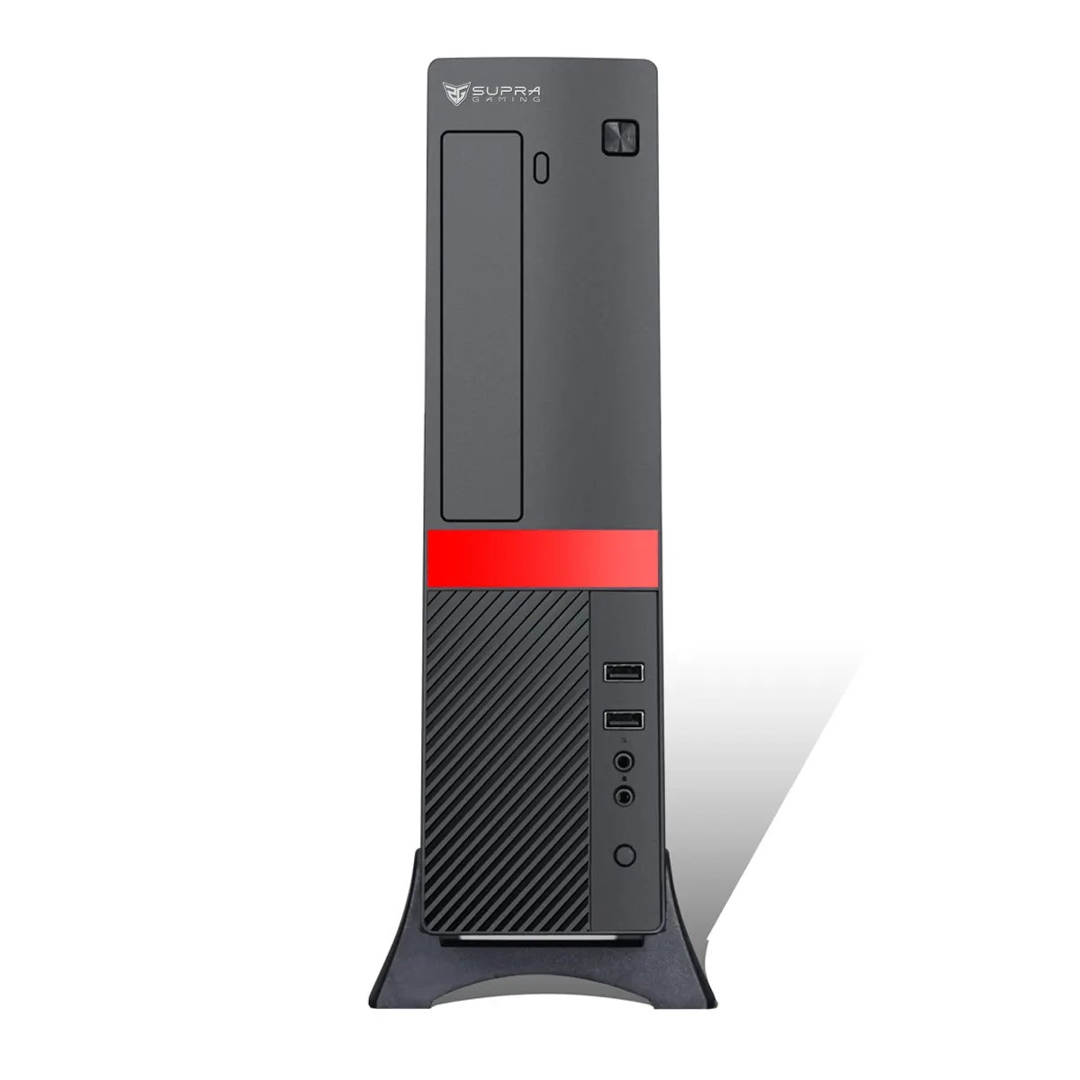 Una torre de PC Supra Gaming negra y delgada en un soporte, con una franja roja en el frente.