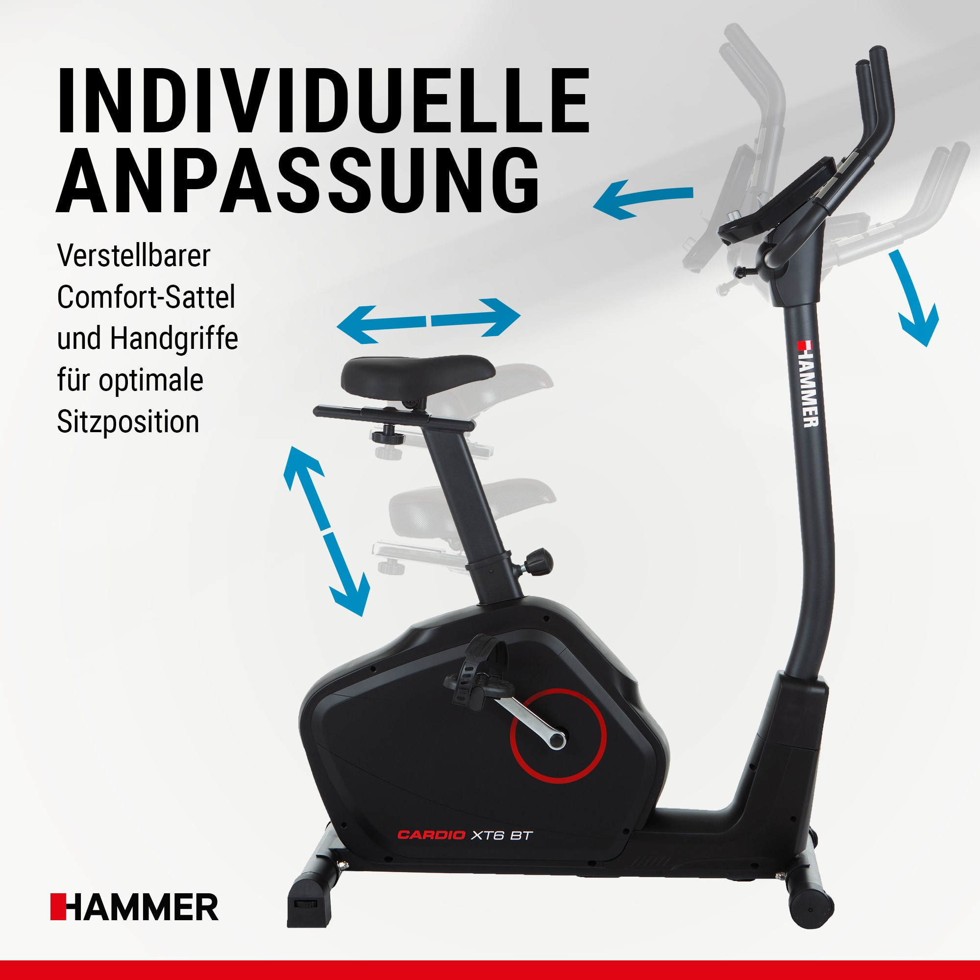 Heimtrainer Cardio XT6 BT mit verstellbarem Sattel und Lenker auf weißem Hintergrund.