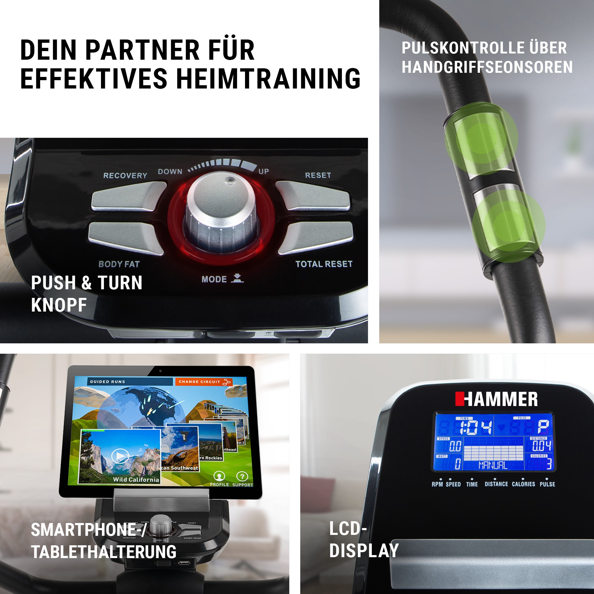 Vier Bilder zeigen Trainingsgeräte-Details: Display, Tasten, Handpulssensoren und Tablet-Halterung.