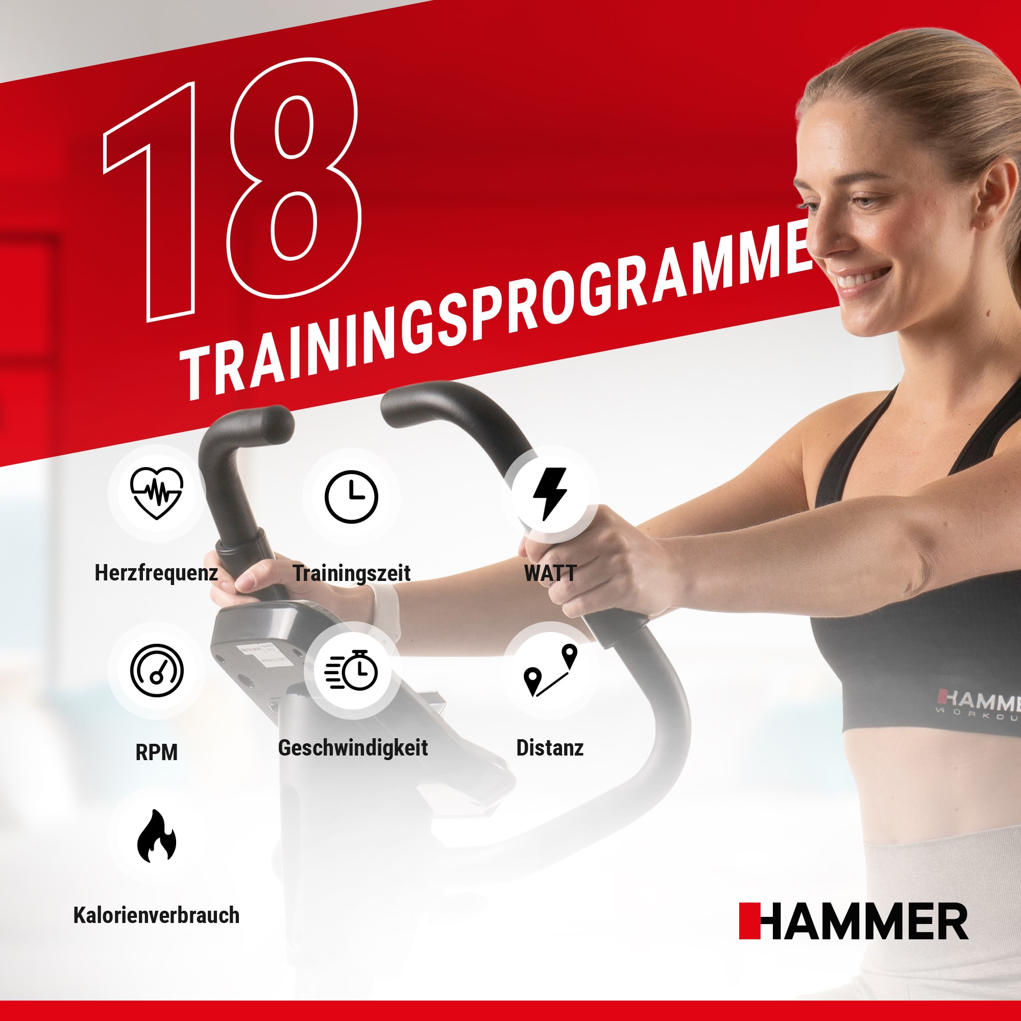 Lächelnende Frau trainiert auf Ergometer mit Symbolen für Puls, Zeit, Watt, RPM, Geschwindigkeit, Distanz und Kalorien.