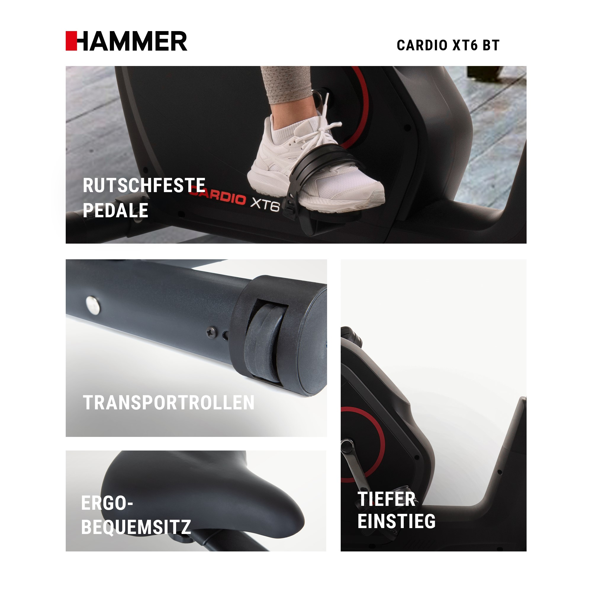 Details des Heimtrainers Cardio XT6 BT: Rutschfeste Pedale, Transportrollen, Ergositz und tiefer Einstieg.