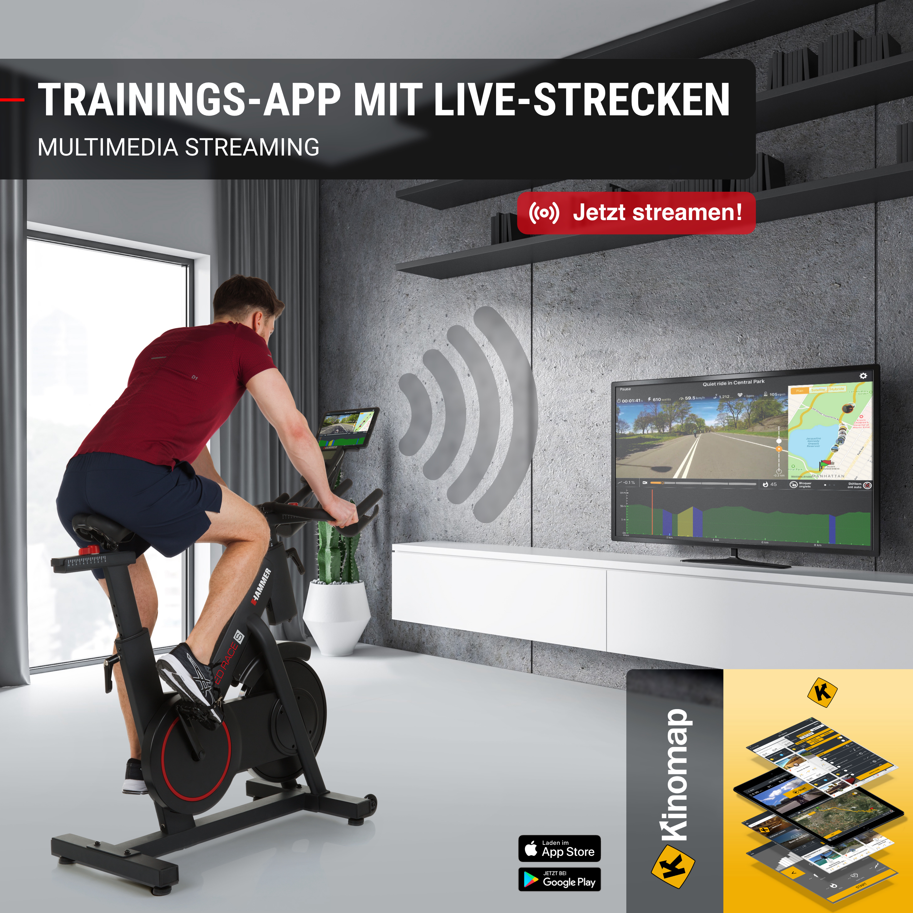 Ein Mann sitzt auf einem Heimtrainer vor einem TV-Bildschirm mit App-Ansicht in einem modernen Raum.