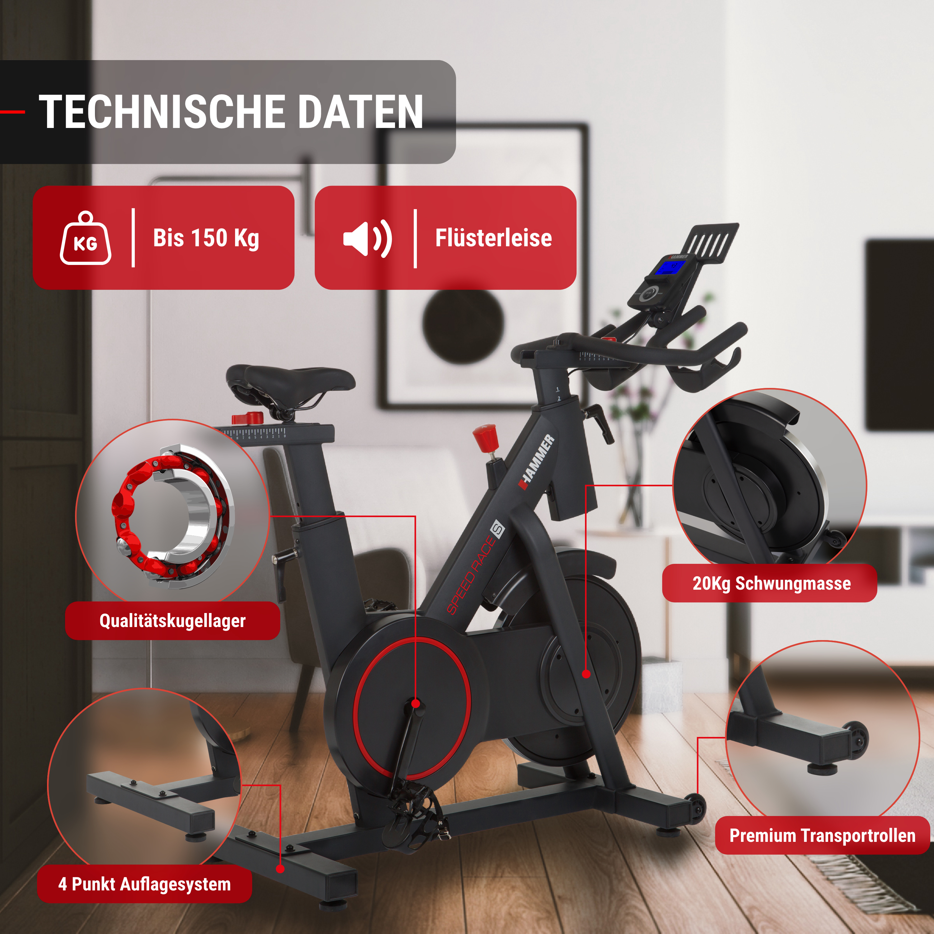 Ein schwarzes Heimfahrrad mit roten Akzenten und technischen Daten in Infoboxen.