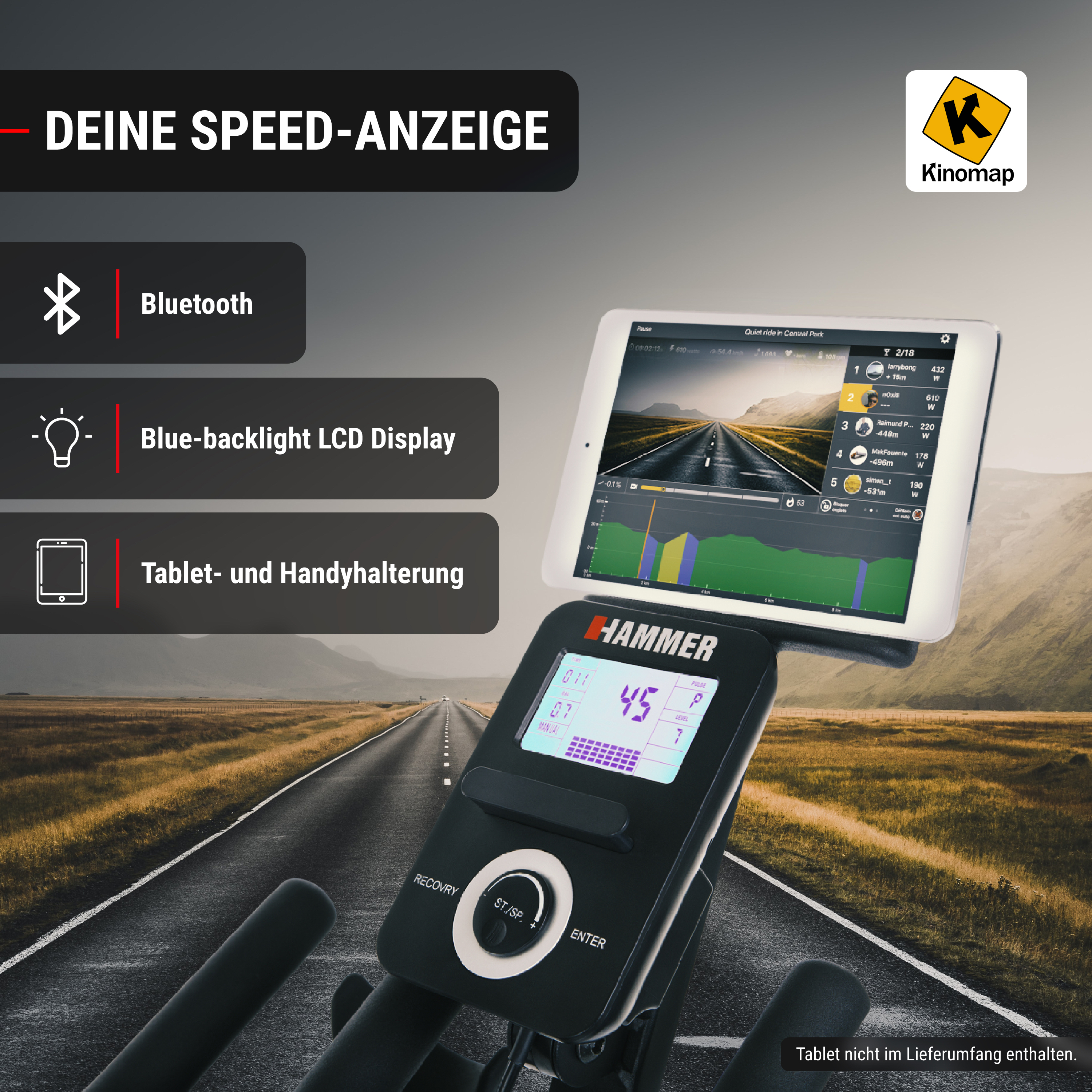 Fitnessbike-Computer mit LCD-Display, Kinomap-Logo und Infotafeln zu Bluetooth und Tablet-Halterung.