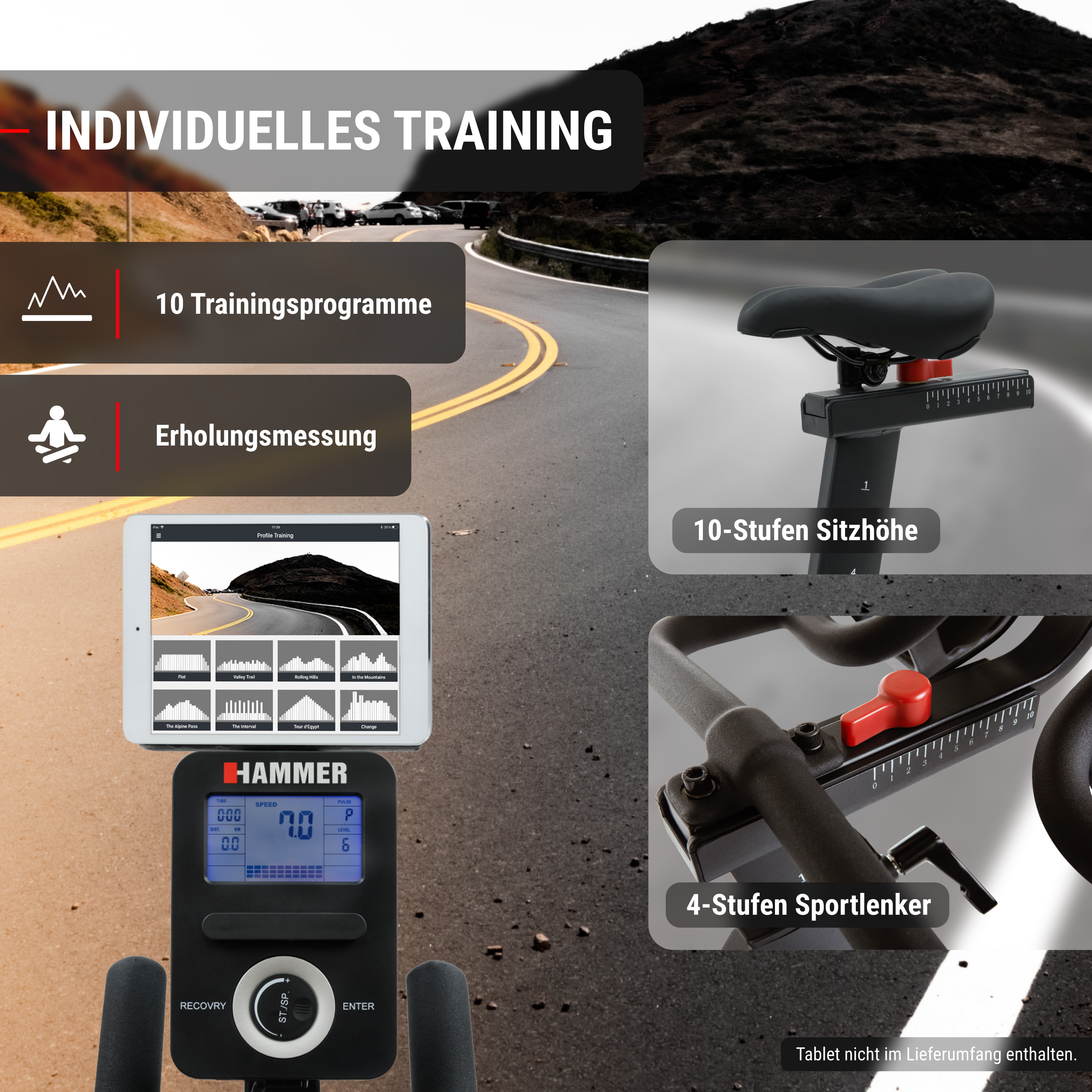 Fitnessbike-Funktionen mit Sattel, Lenker, Display und Tablet vor einer kurvigen Straßenkulisse.
