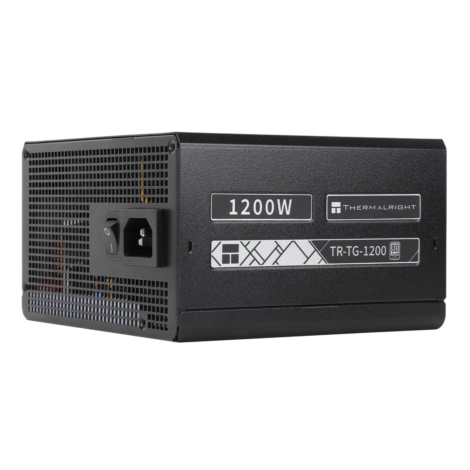 Fuente de alimentación negra Thermalright 1200W con conector, interruptor y etiquetas de marca sobre fondo negro.