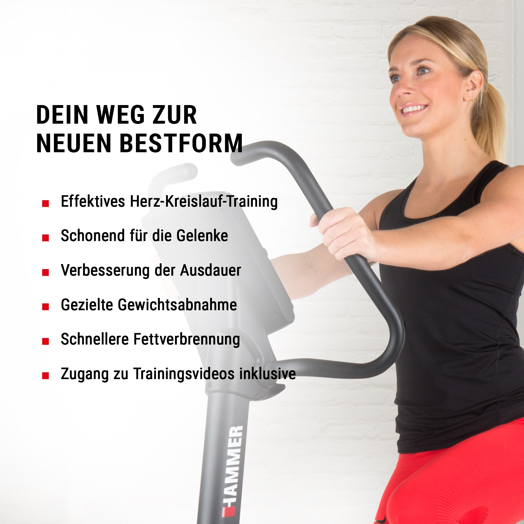 Eine blonde Frau in Sportkleidung trainiert auf einem Crosstrainer neben Werbetext.