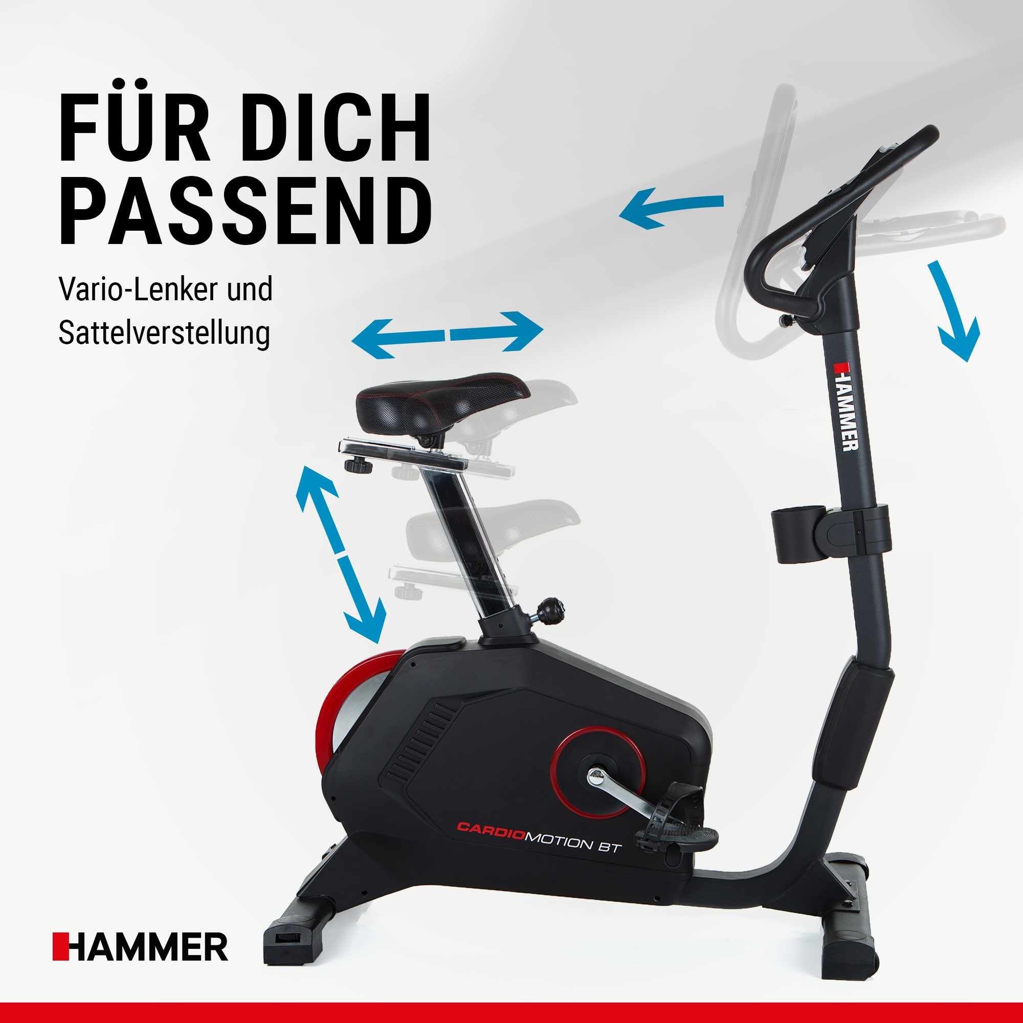Ein schwarzer Heimtrainer mit verstellbarem Sattel und Lenker sowie blauen Richtungspfeilen.