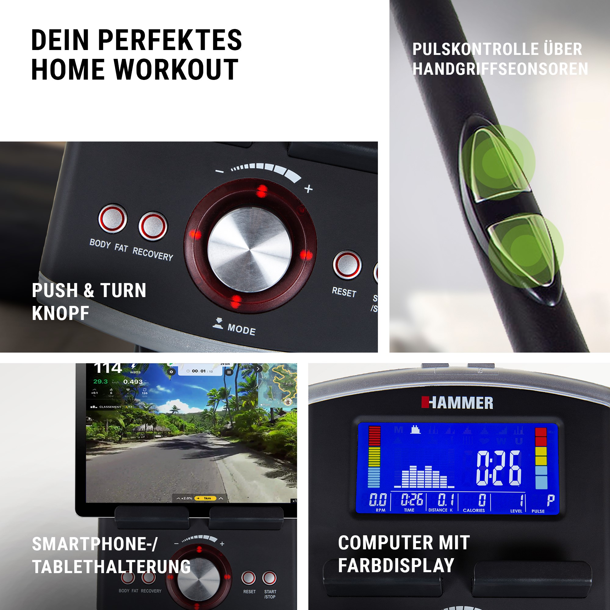 Fitnessgeräte verfügen über einen Drehknopf, Handpulssensoren, eine Halterung und ein Farbdisplay.