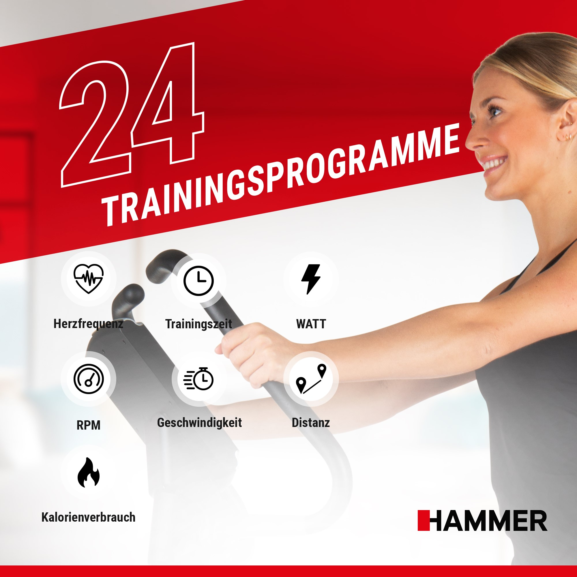 Frau trainiert auf einem Crosstrainer mit 24 Programmen, Herzfrequenz-, Watt- und Distanzanzeige.