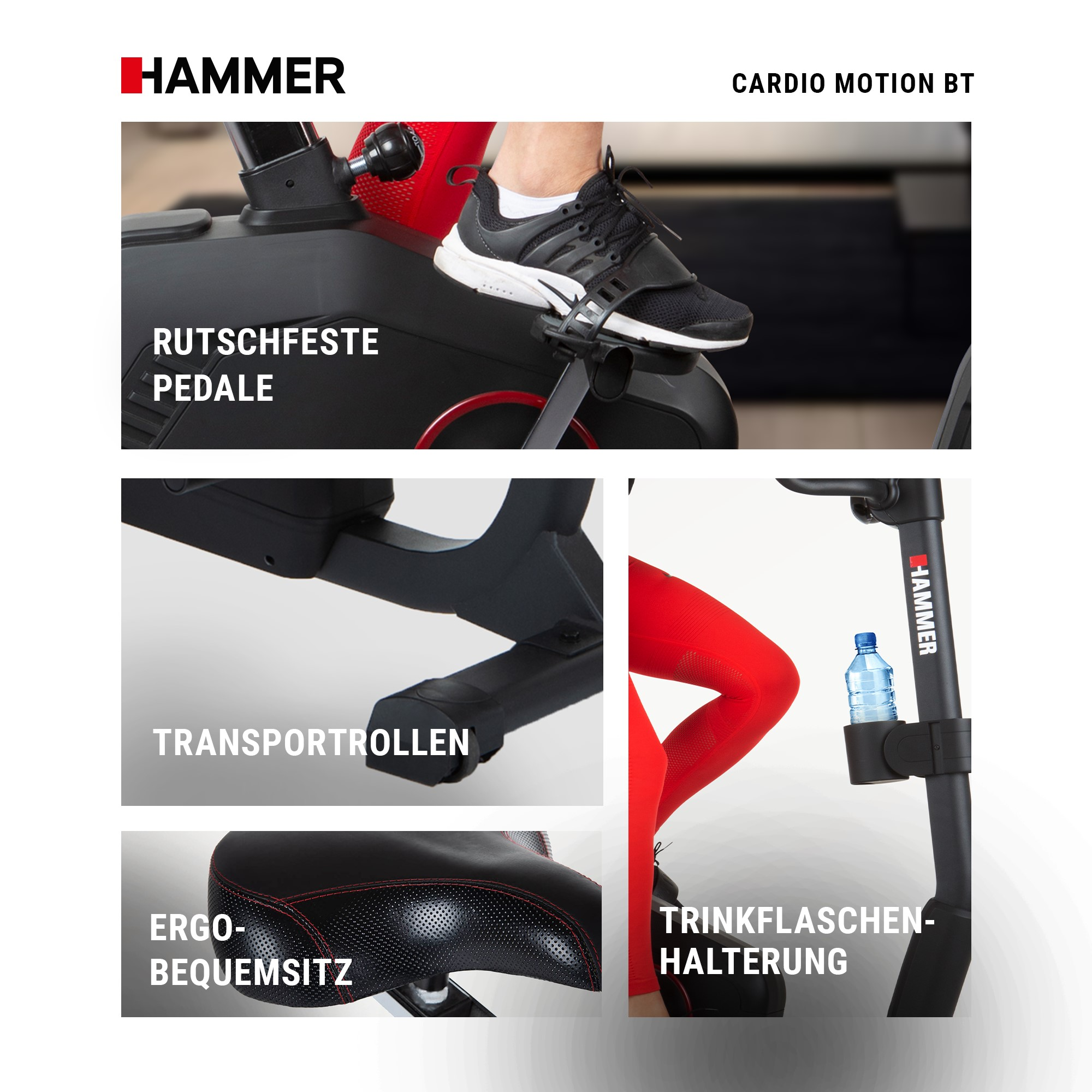 Details des Hammer Cardio Motion BT Heimtrainers: Pedal, Transportrolle, Sattel und Flaschenhalter.