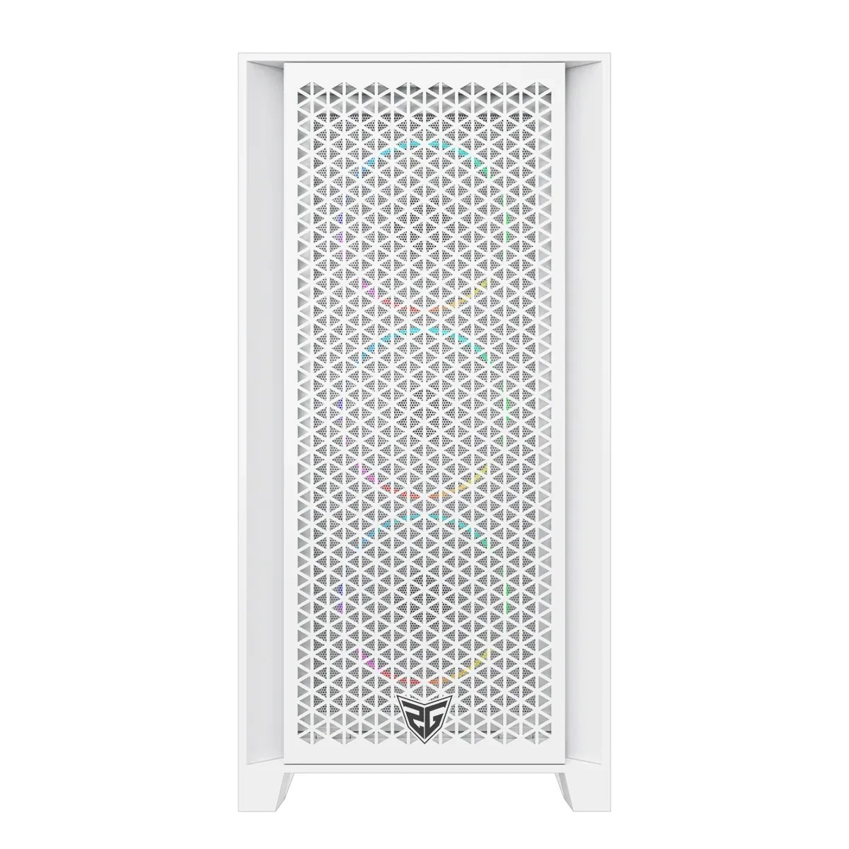 Vista frontal de una torre de PC blanca con rejilla triangular y ventiladores RGB.
