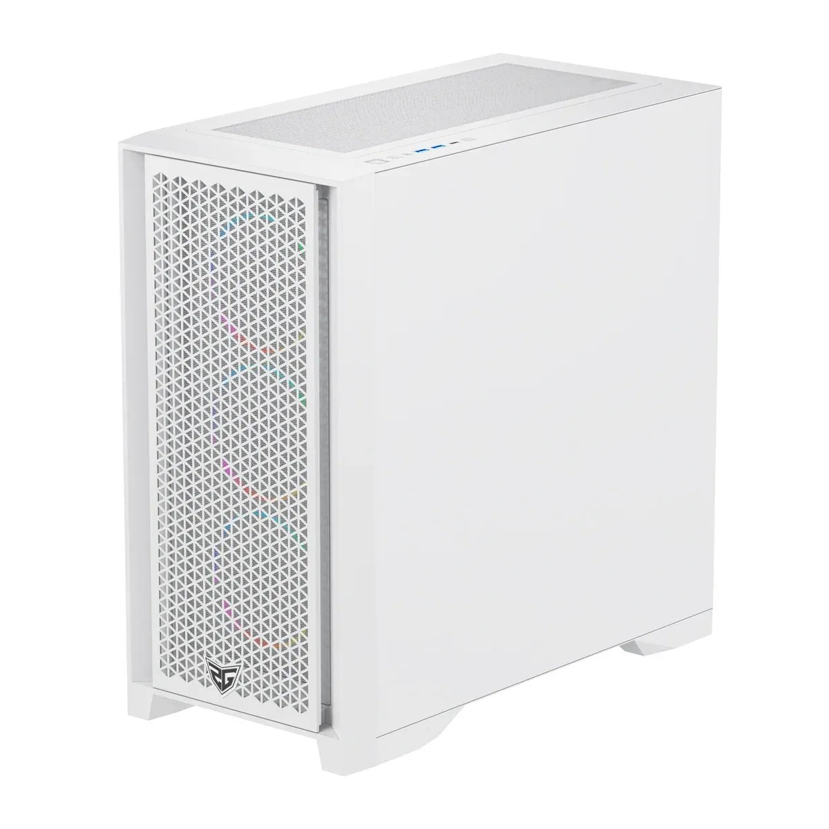Una torre de computadora blanca con un panel frontal de malla triangular e iluminación RGB en su interior.