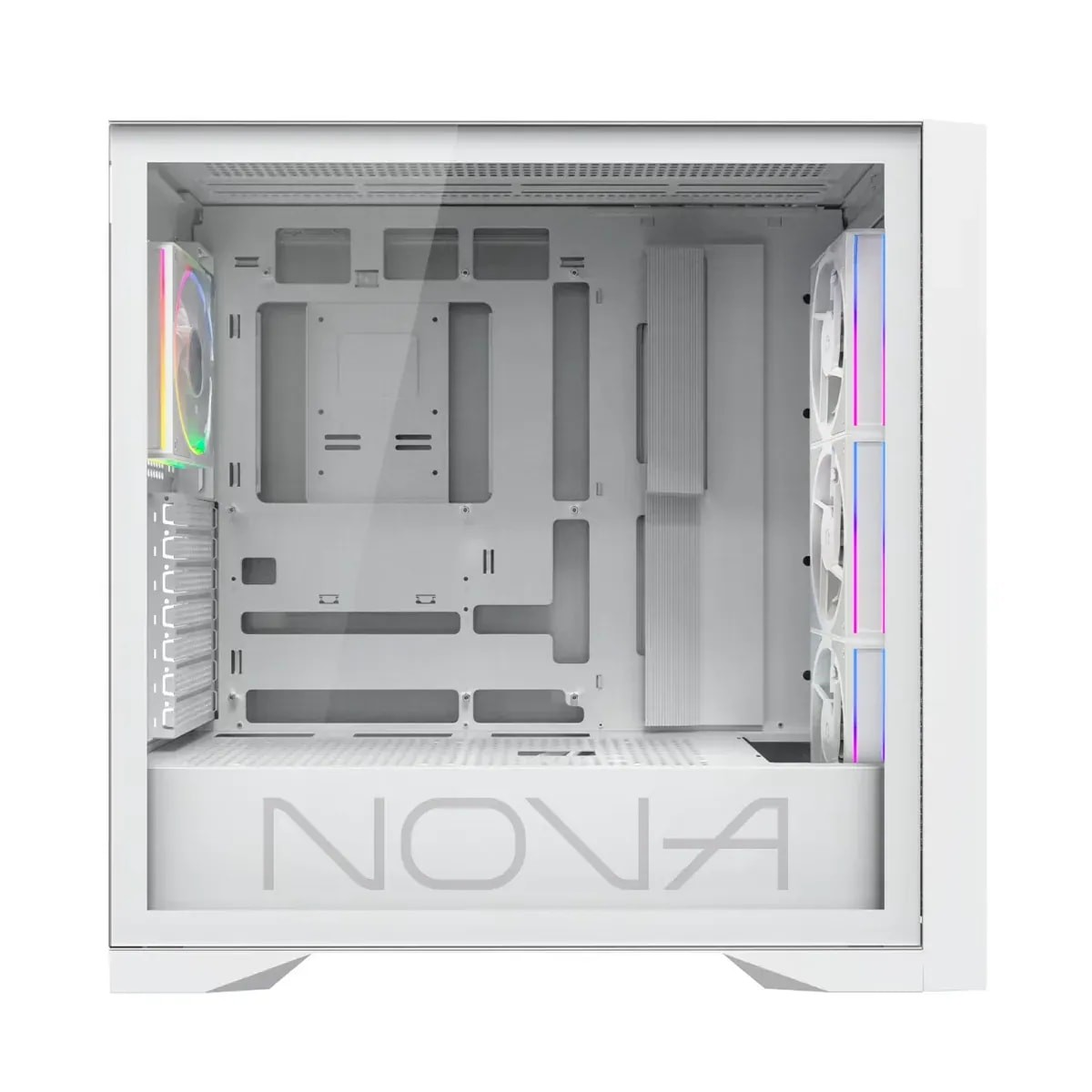 Una carcasa de PC blanca vacía con el texto NOVA y ventiladores RGB.
