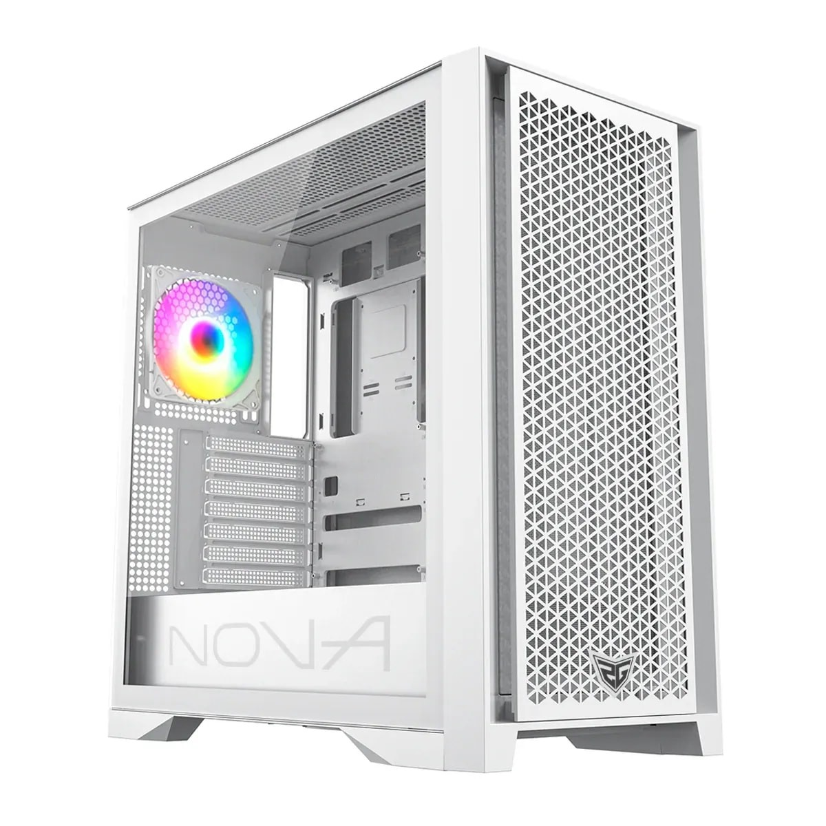 Gabinete de PC blanco con panel lateral de vidrio y un ventilador RGB colorido atrás.
