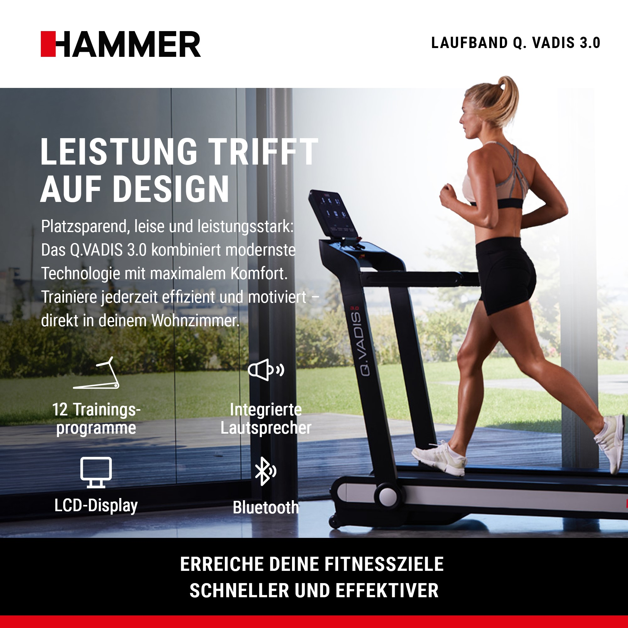 Eine Frau läuft auf einem Q.Vadis 3.0 Laufband in einem modernen Innenraum mit Blick ins Grüne.