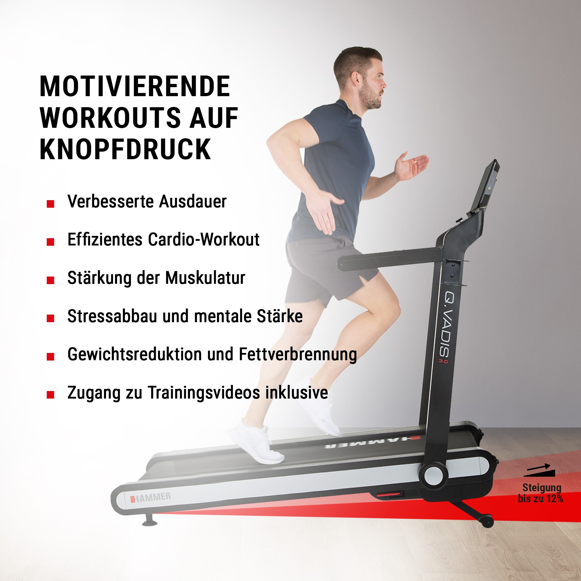 Ein Mann läuft auf einem schwarzen Laufband vor einem hellen Hintergrund mit deutschem Text.