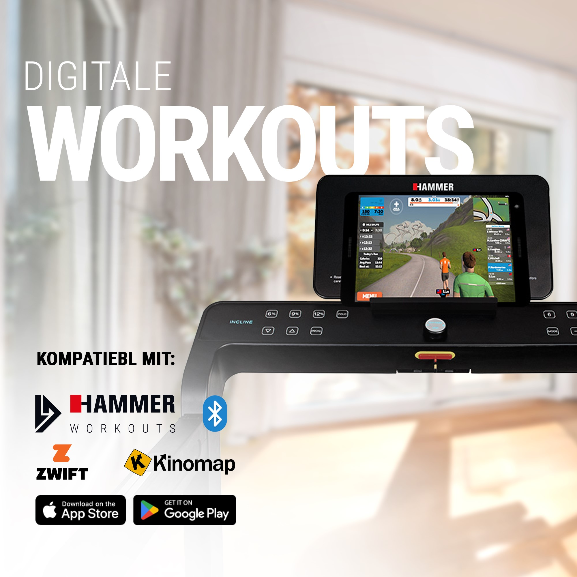 Ein Laufband mit Tablet zeigt eine App, Text DIGITALE WORKOUTS und App-Logos.