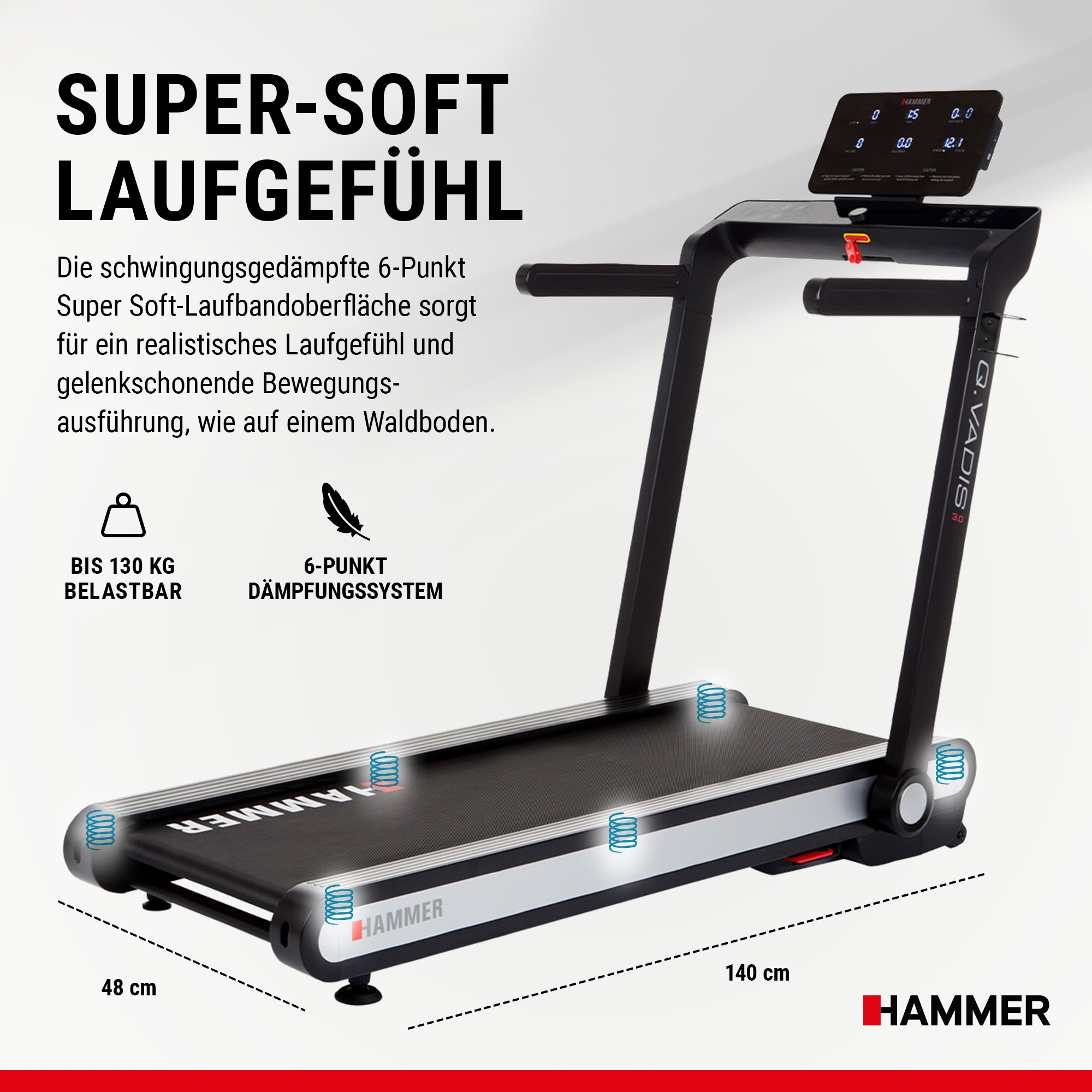 Ein schwarzes Laufband mit 6-Punkt-Dämpfung und Display auf hellem Grund.