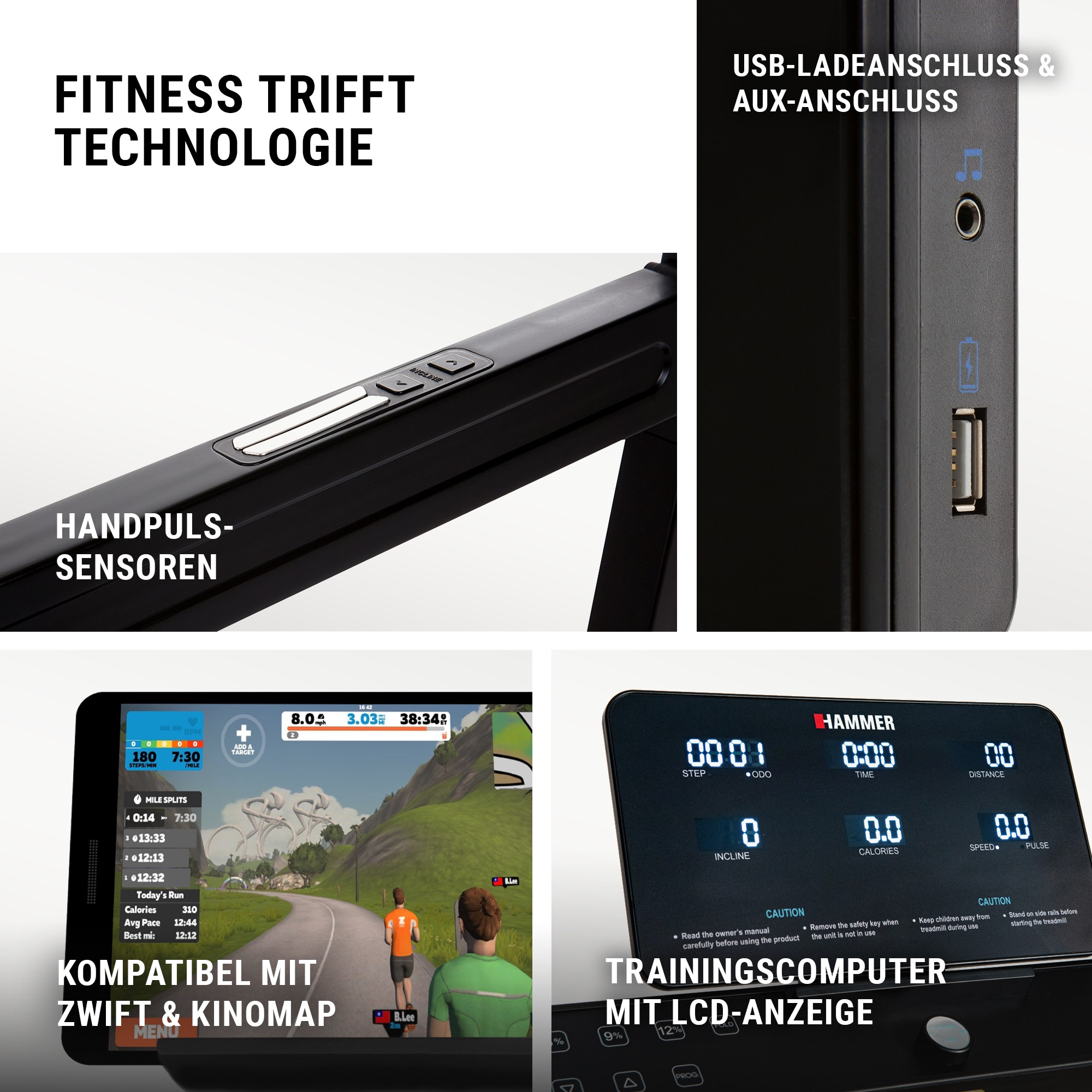 Vier Bilder zeigen Laufband-Funktionen: Handpulssensoren, USB- und AUX-Anschlüsse, Zwift- und Kinomap-App, LCD-Computer.