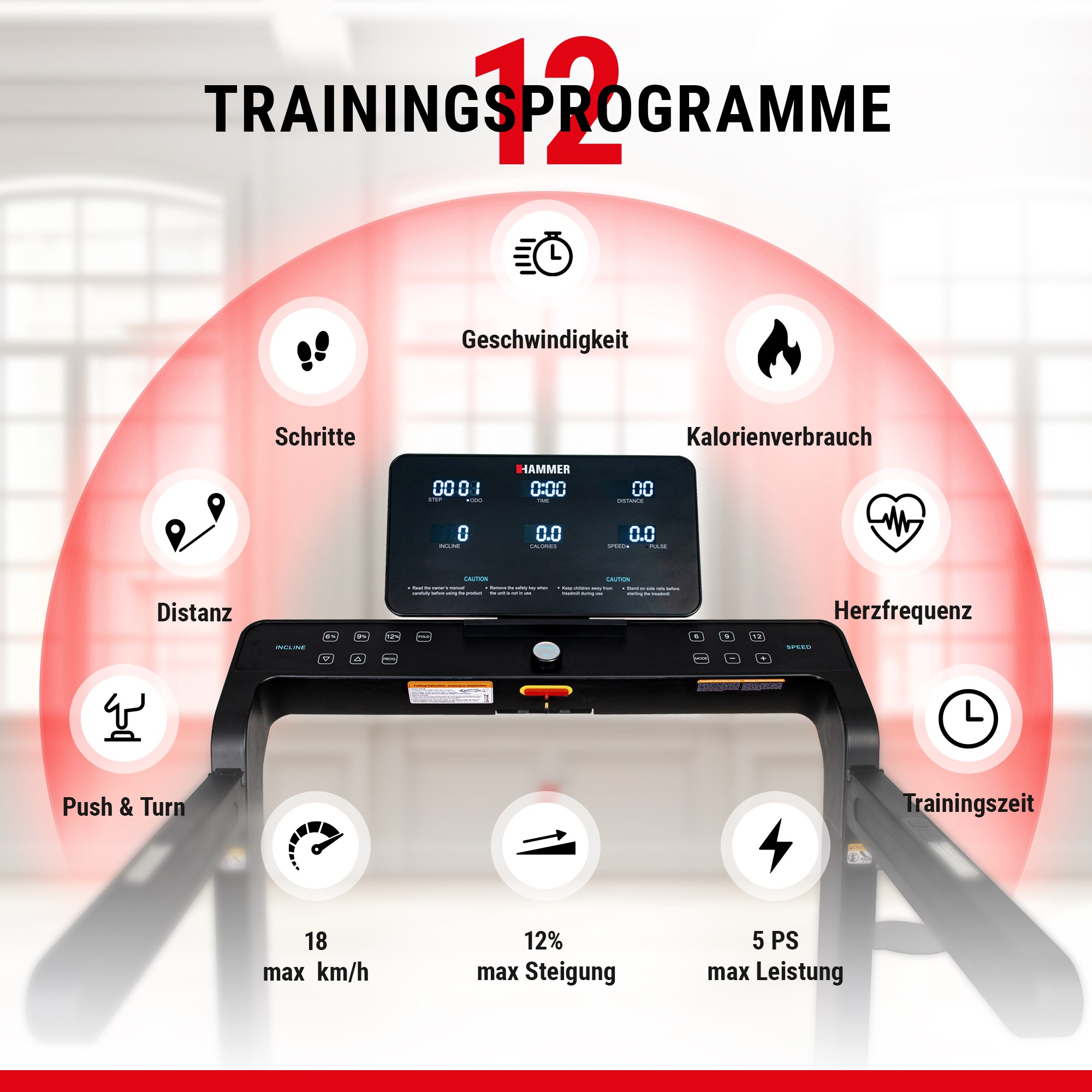 Laufband-Bedienfeld mit Digitalanzeige und zwölf Symbolen für Trainingswerte wie Schritte und Geschwindigkeit.
