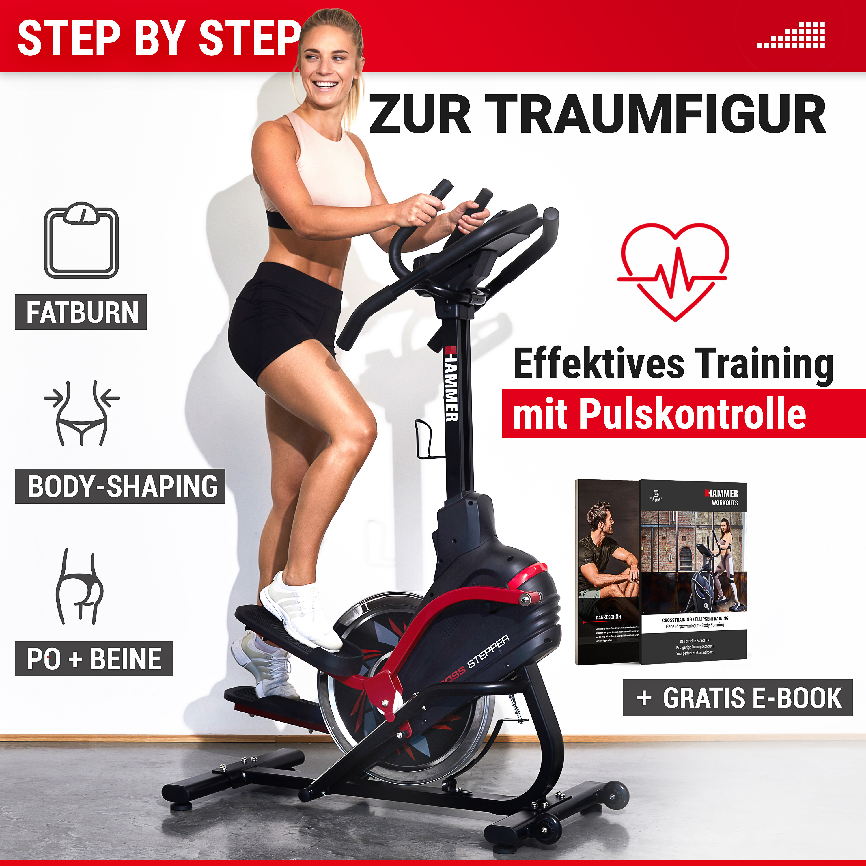 Eine Frau trainiert motiviert auf einem schwarzen Crosstrainer vor weißer Wand mit Fitness-Icons und Texten.