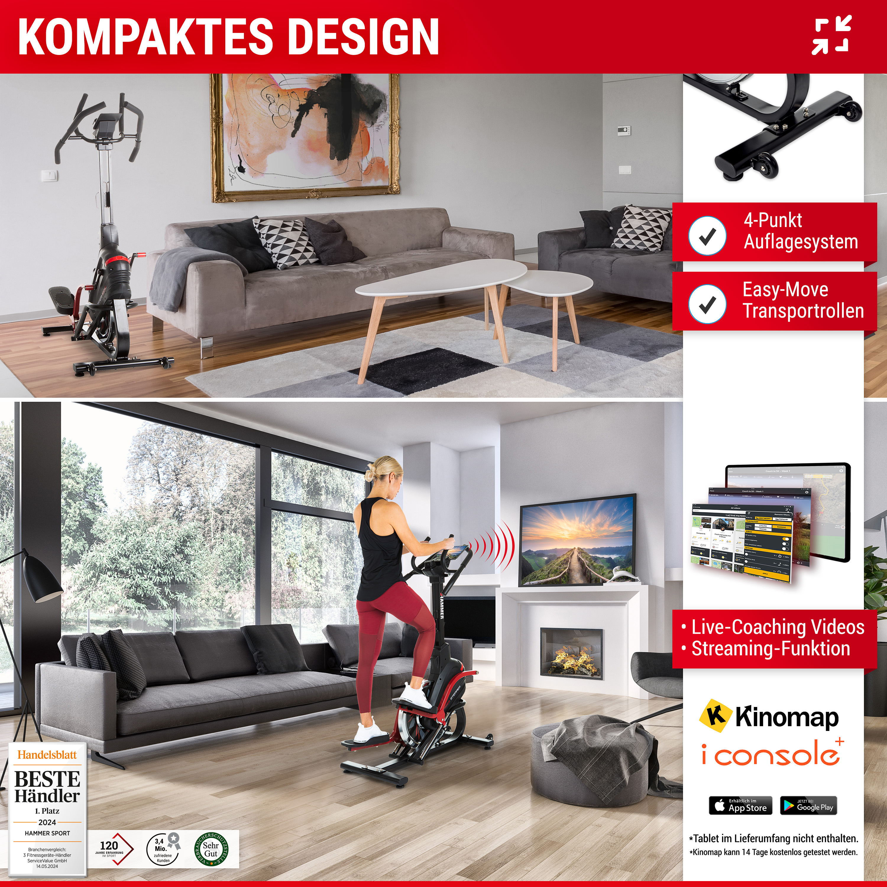 Eine Frau trainiert auf einem Heimtrainer in einem modernen Wohnzimmer mit grauem Sofa.