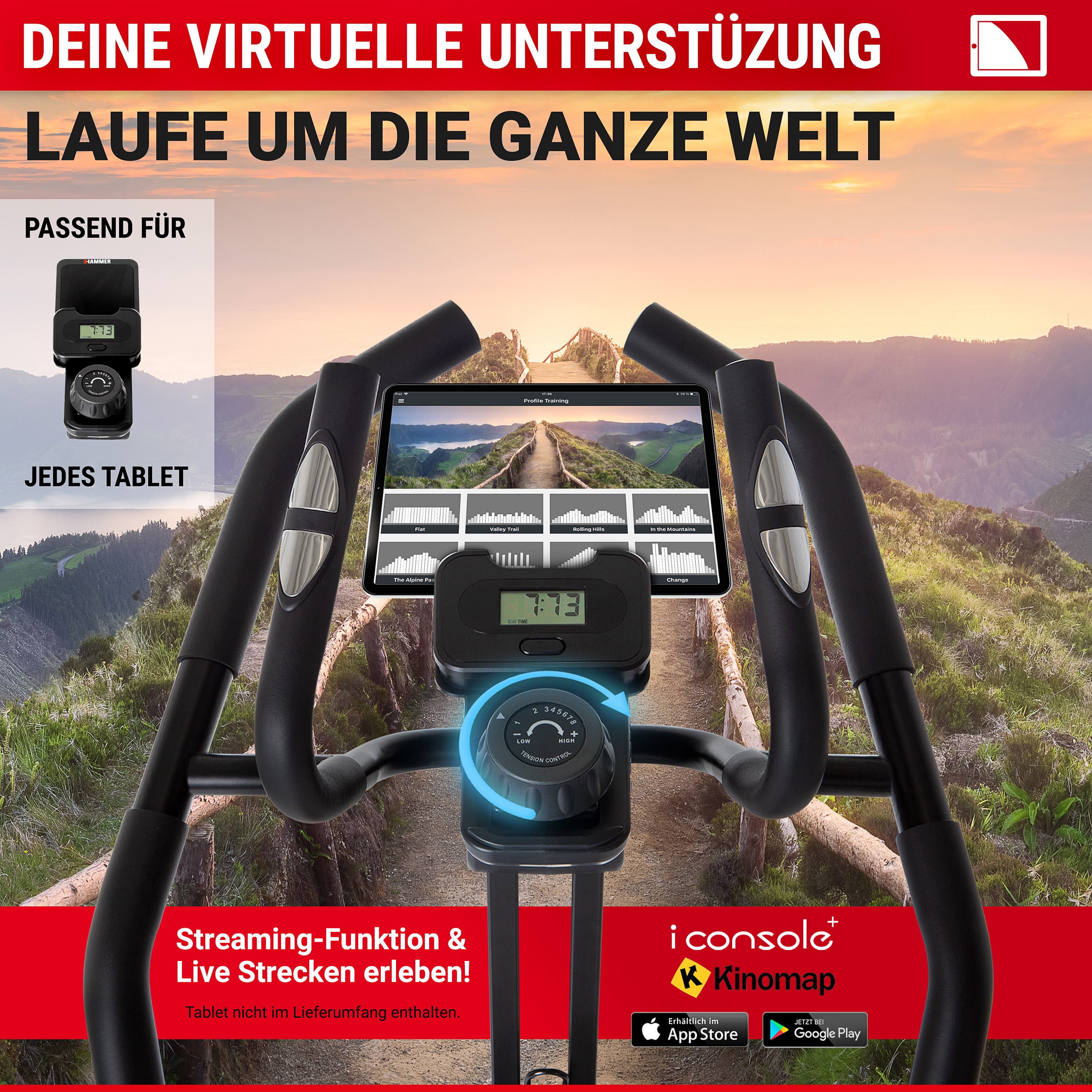 Heimtrainer-Konsole mit Tablet-Halterung zeigt eine virtuelle Bergstrecke und App-Logos.