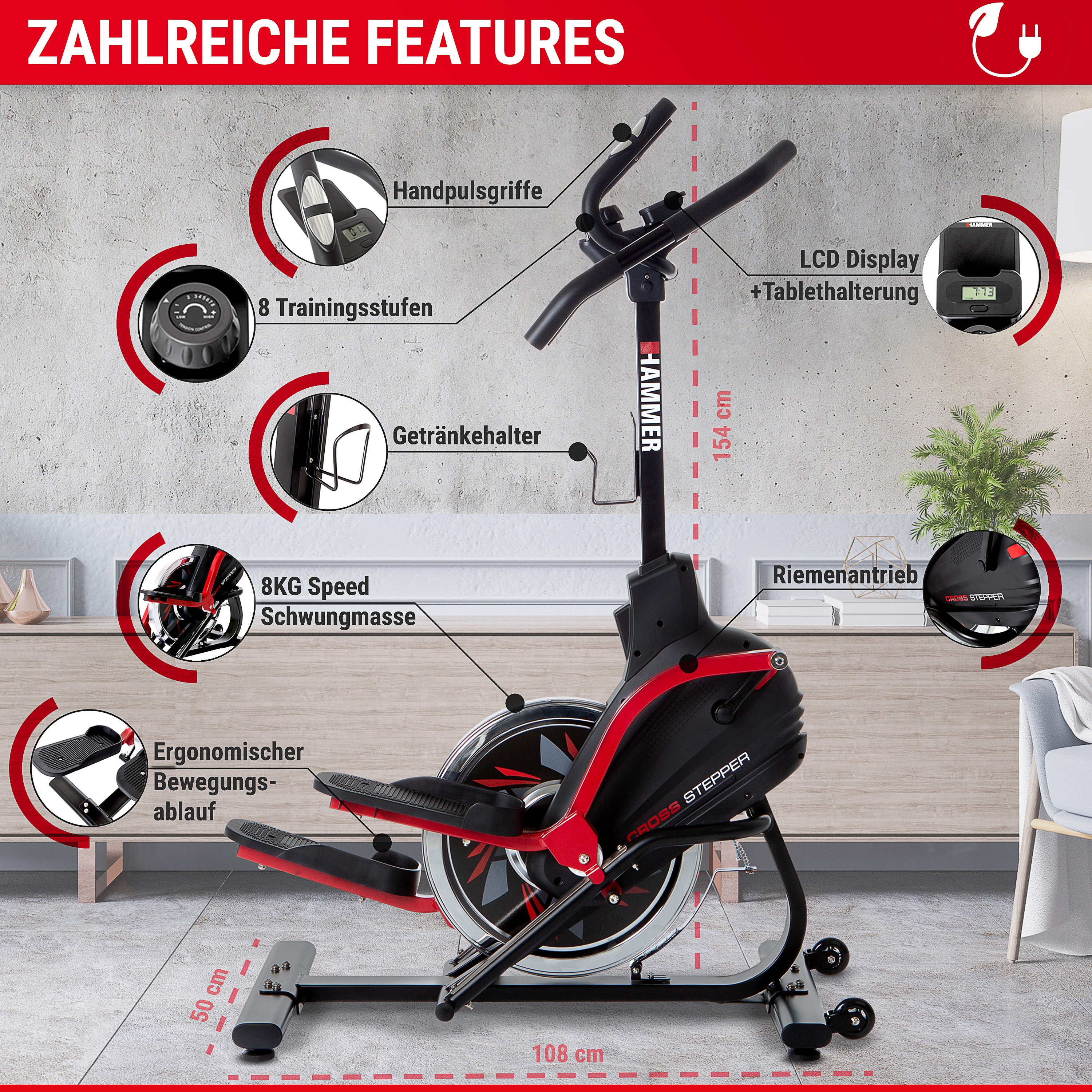 Einfaches Trainingsgerät mit Display und Getränkehalter.