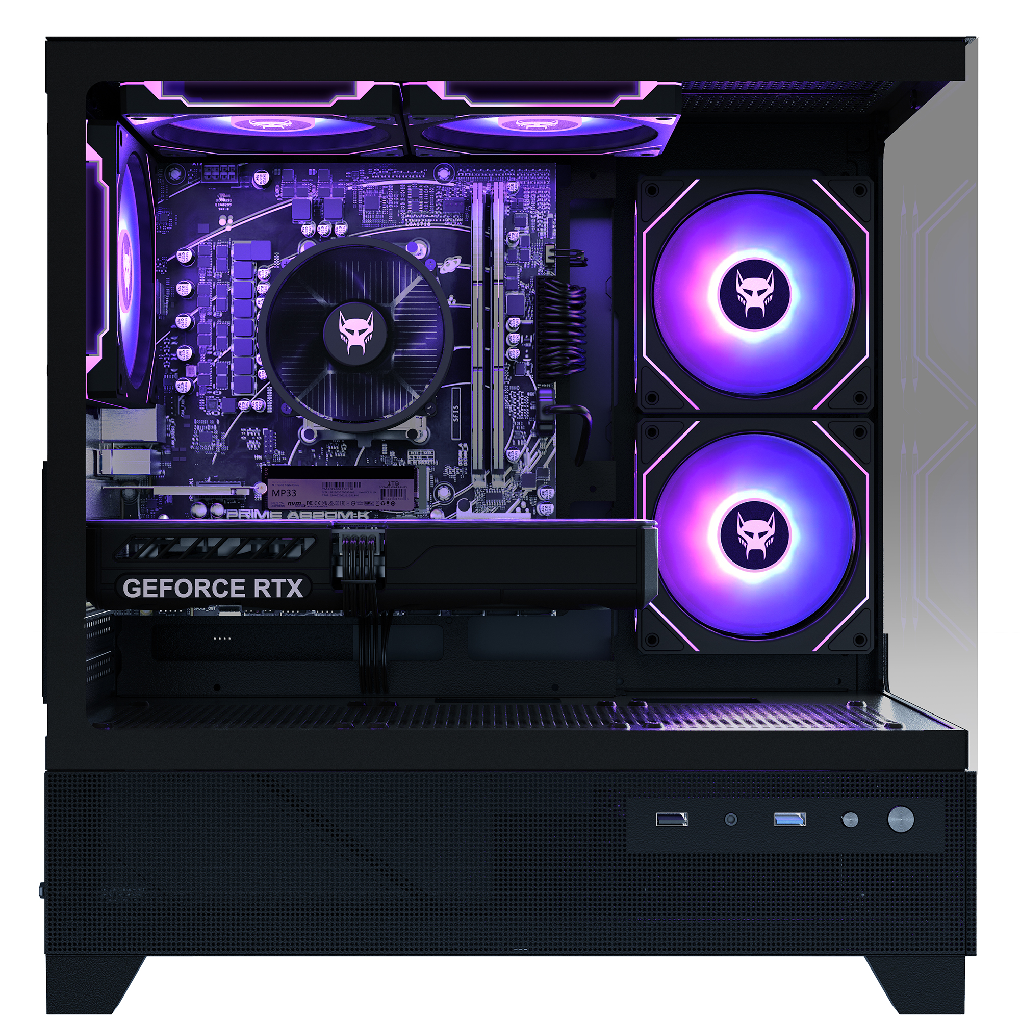 Obudowa komputera stacjonarnego z fioletowo podświetlanymi wentylatorami, kartą GeForce RTX i czarną płytą główną.