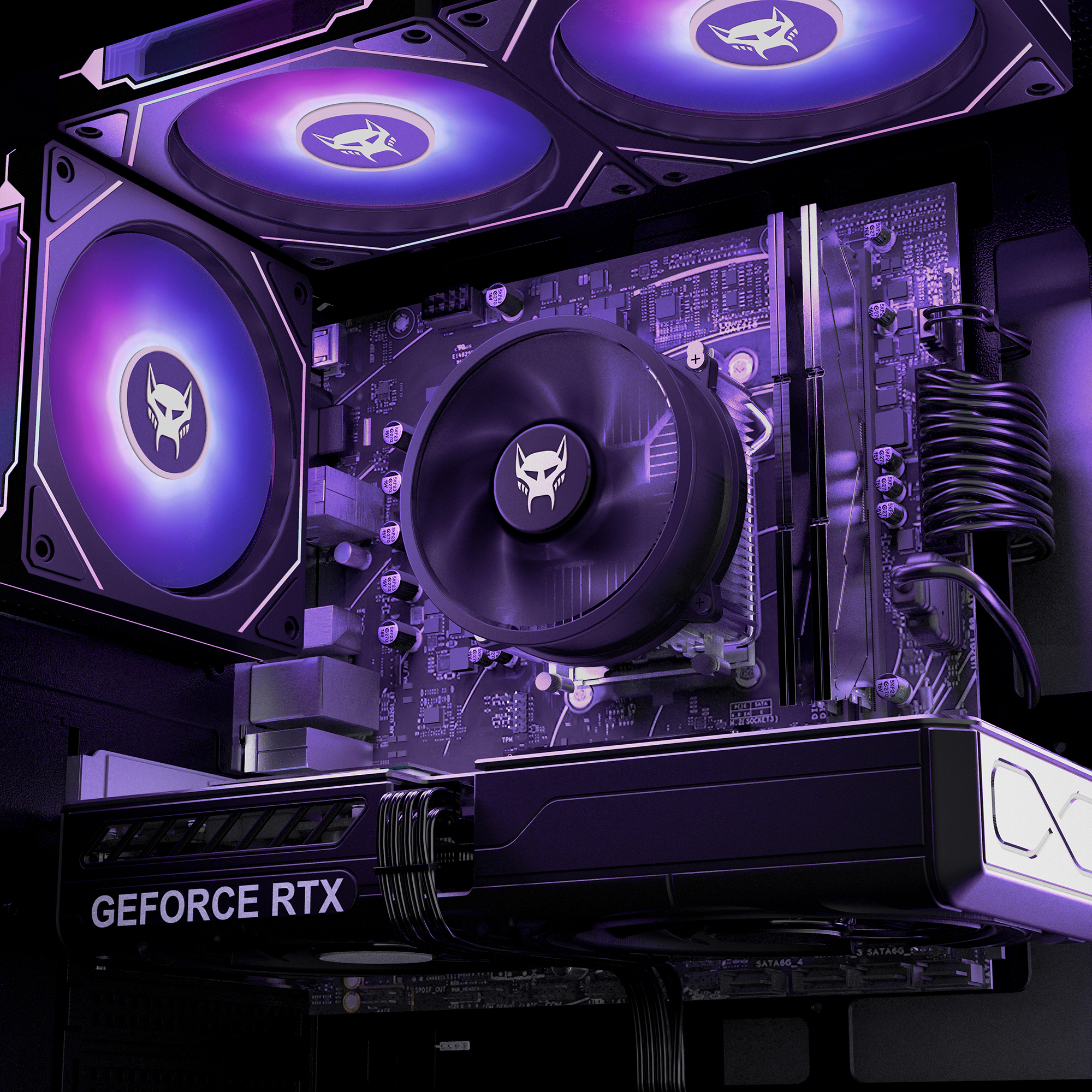 Wnętrze komputera z fioletowo podświetlonymi wentylatorami, kartą graficzną GeForce RTX i centralnym chłodzeniem CPU.