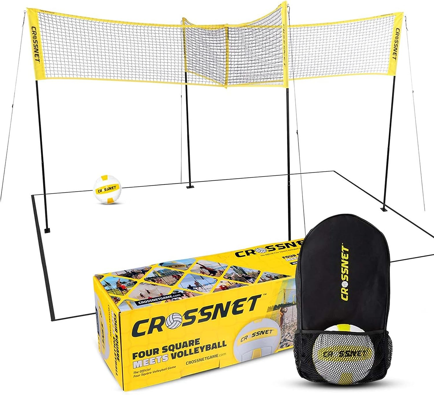 Crossnet Vier-Quadranten-Volleyballnetz mit Ball, Box und Tasche auf weißem Hintergrund.