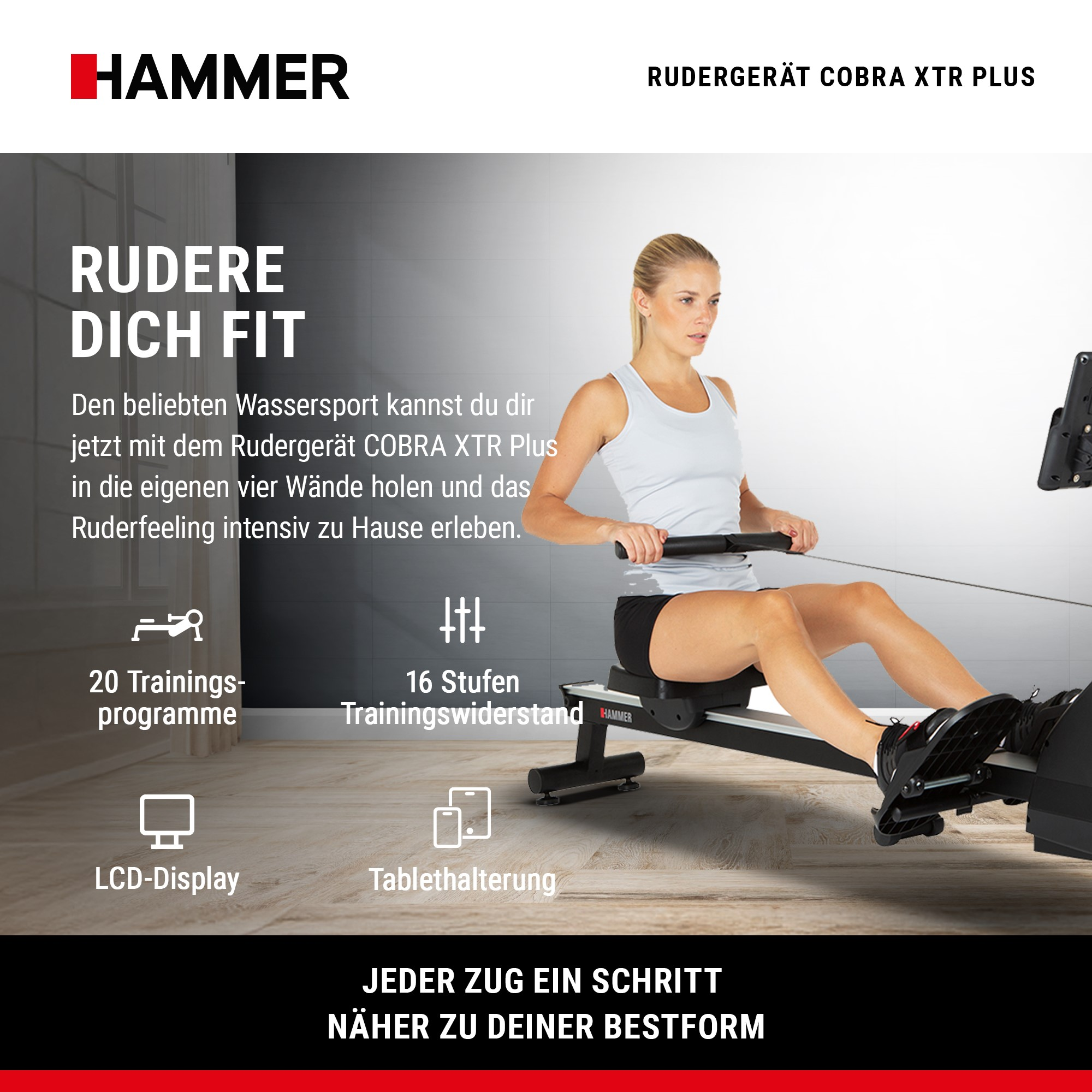 Frau trainiert zu Hause auf einem schwarzen Hammer Rudergerät vor einer hellen Wand.