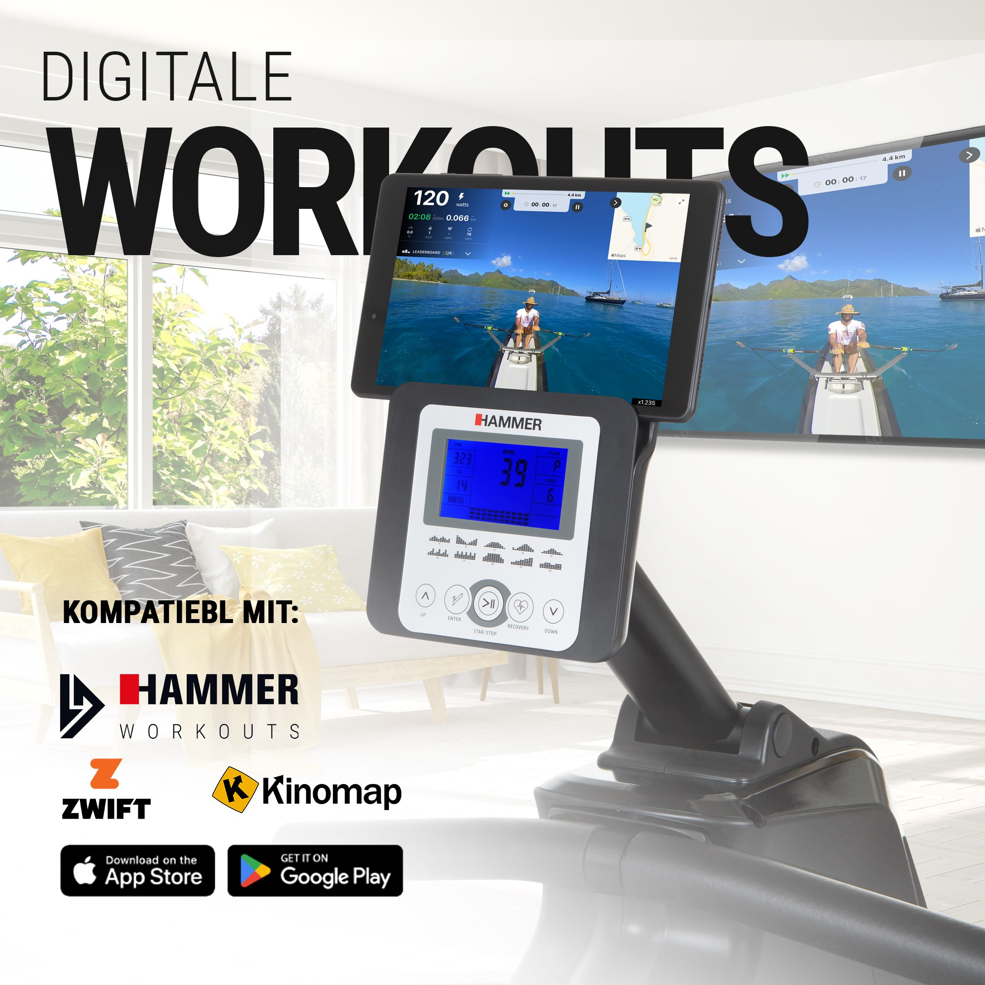 Ein Rudergerät mit einem Tablet, das ein virtuelles Workout anzeigt, in einem hellen Raum.