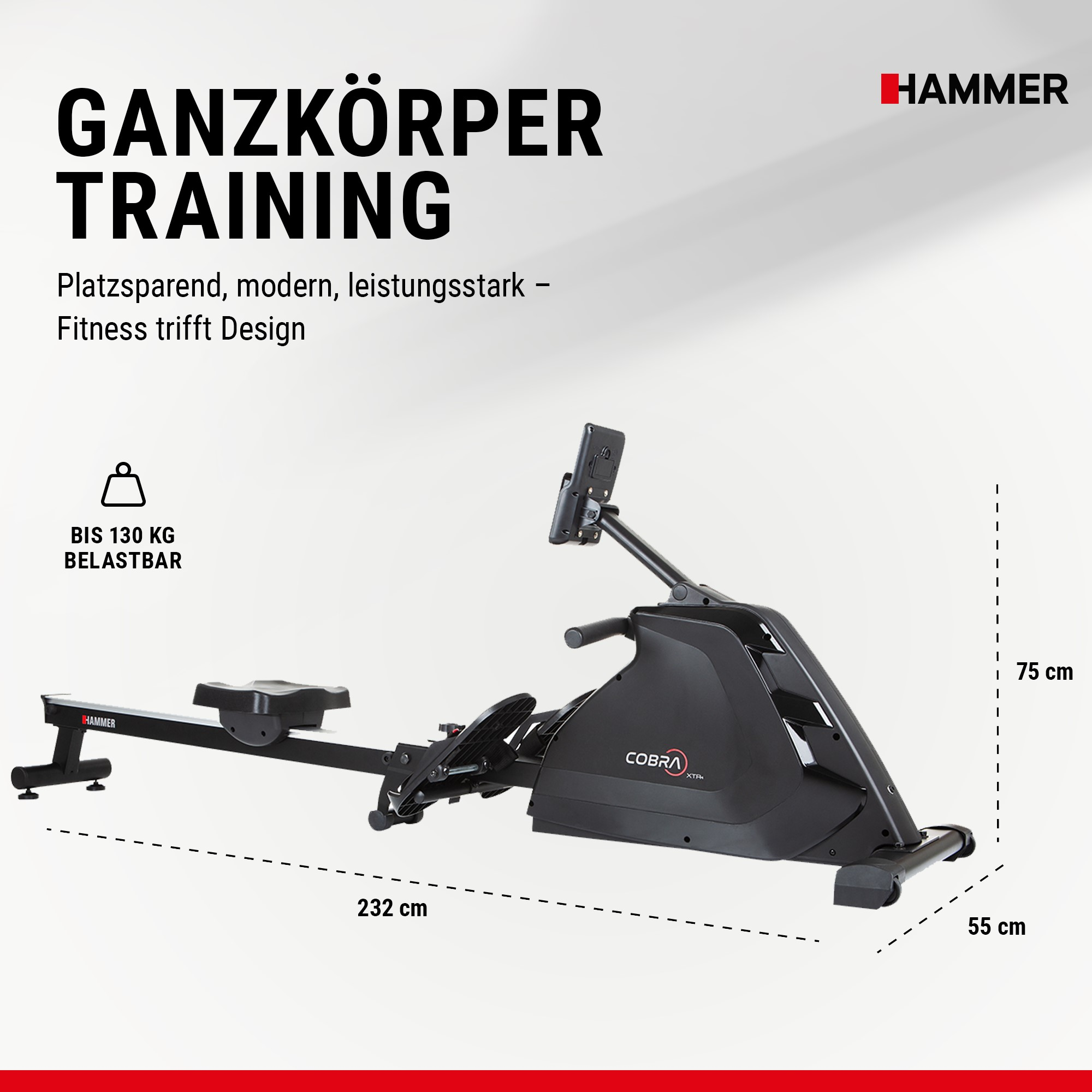 Schwarzes Hammer Cobra XTR+ Rudergerät mit Maßen von 232x55x75 cm und deutscher Textwerbung.