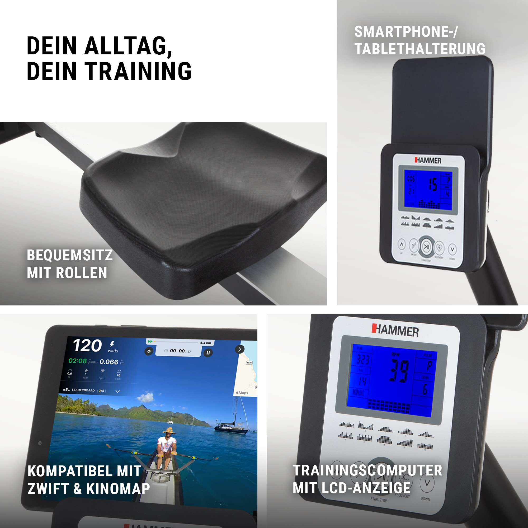 Collage zeigt Details eines Rudergeräts: Sitz, Tablethalterung, App-Kompatibilität und LCD-Trainingscomputer.