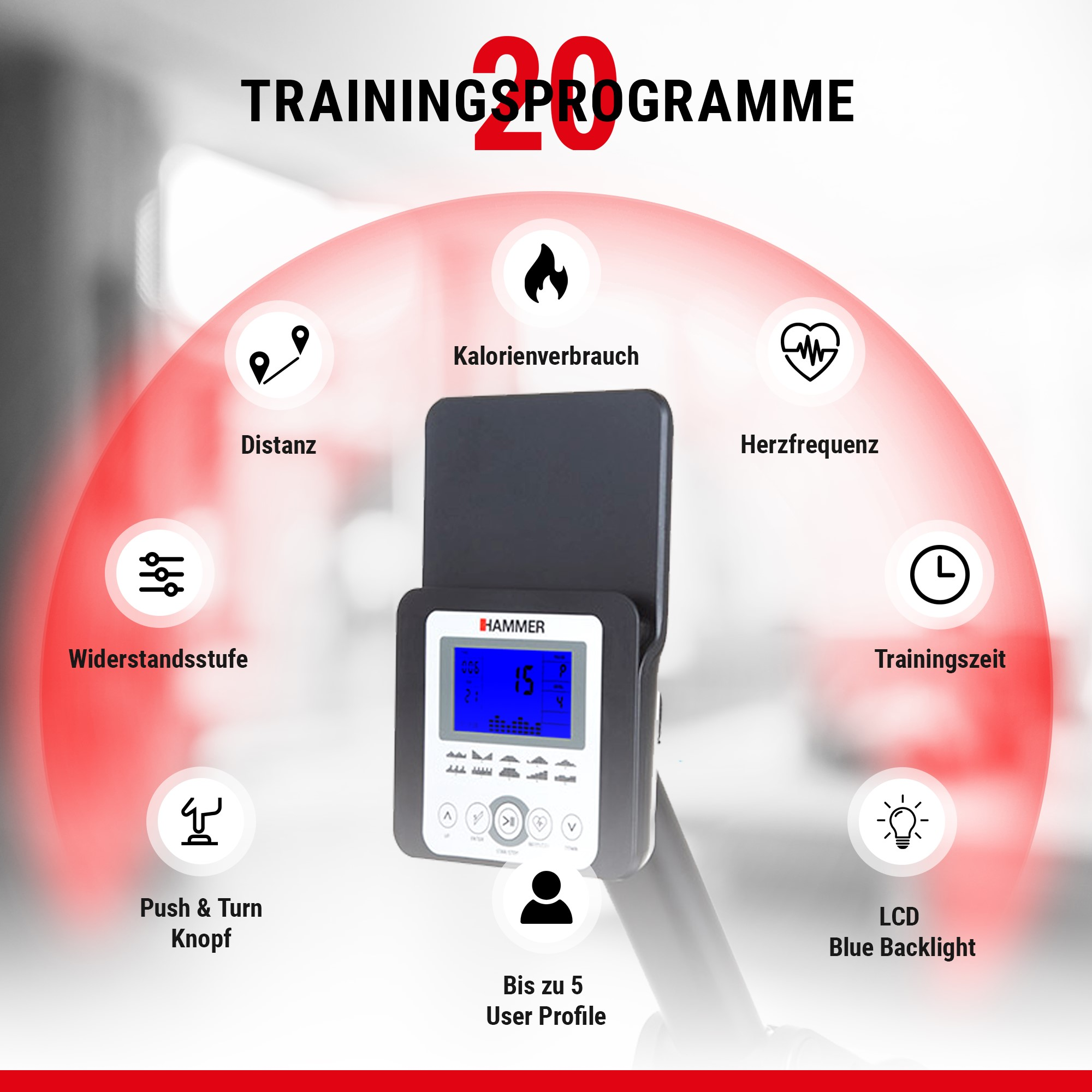Fitnesscomputer mit 20 Trainingsprogrammen und Icons für Distanz, Herzfrequenz, Kalorien und mehr.
