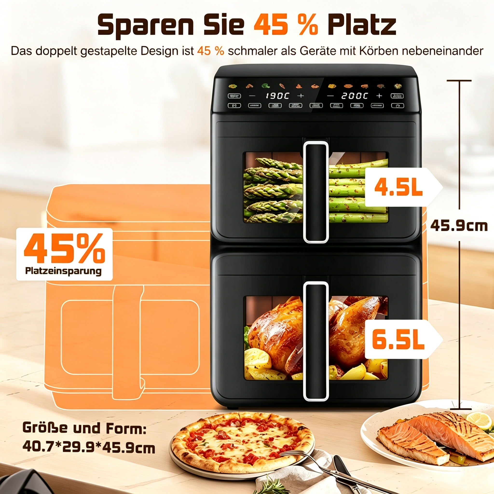 Schwarze Heißluftfritteuse mit zwei übereinandergestapelten Körben, 4,5L und 6,5L, auf einer Küchentheke.