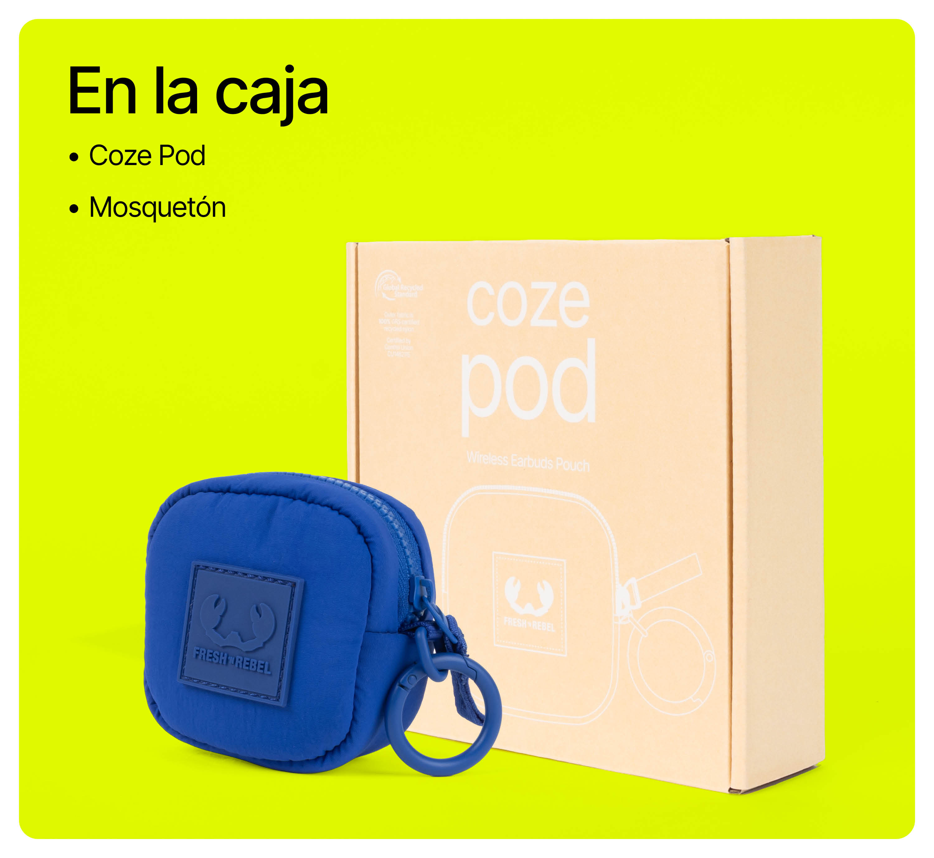 Bolsa Coze Pod azul y su embalaje sobre un fondo verde neón.